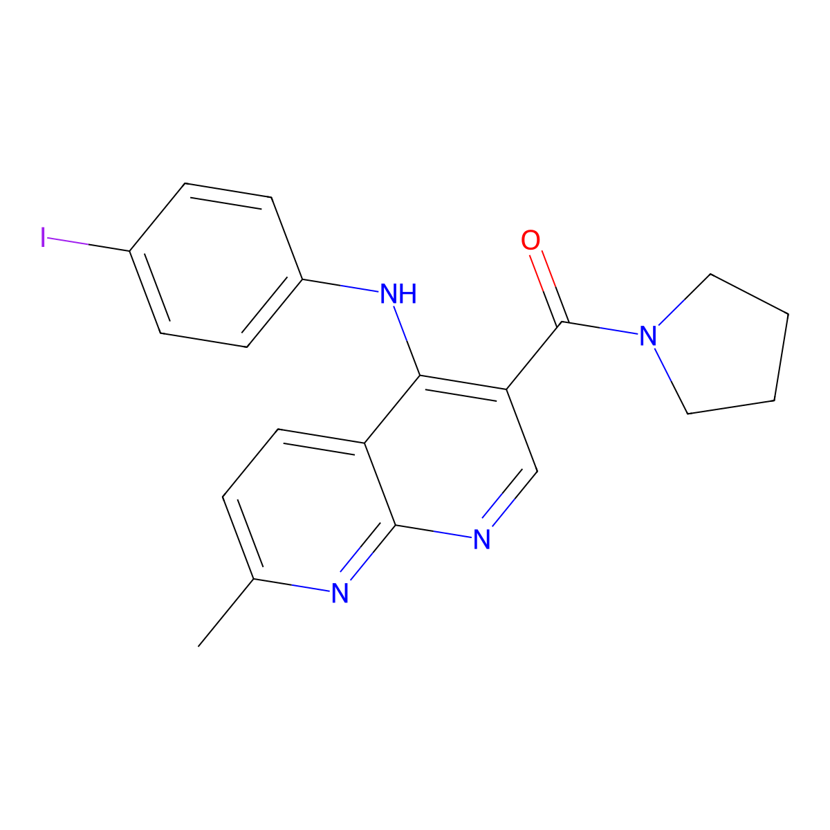 N-(4-iodophenyl)-7-methyl-3-(pyrrolidine-1-carbonyl)-1,8-naphthyridin-4-amine molecular structure, CAS 1251693-37-4
