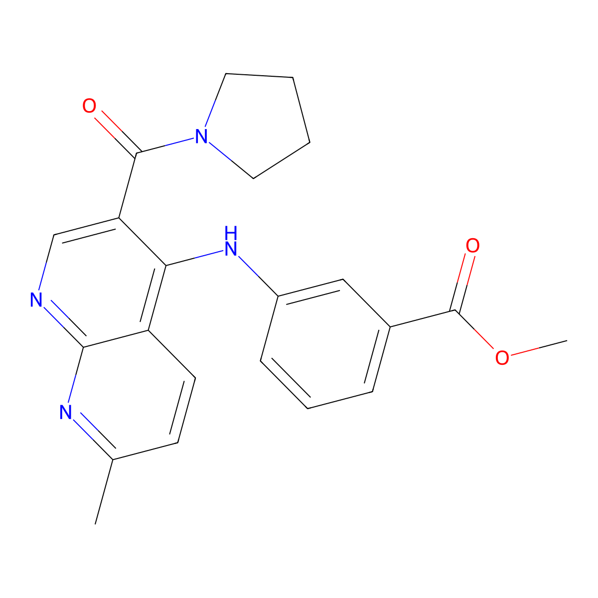 Methyl 3-{[7-methyl-3-(pyrrolidine-1-carbonyl)-1,8-naphthyridin-4-yl]amino}benzoate molecular structure, CAS 1251693-41-0