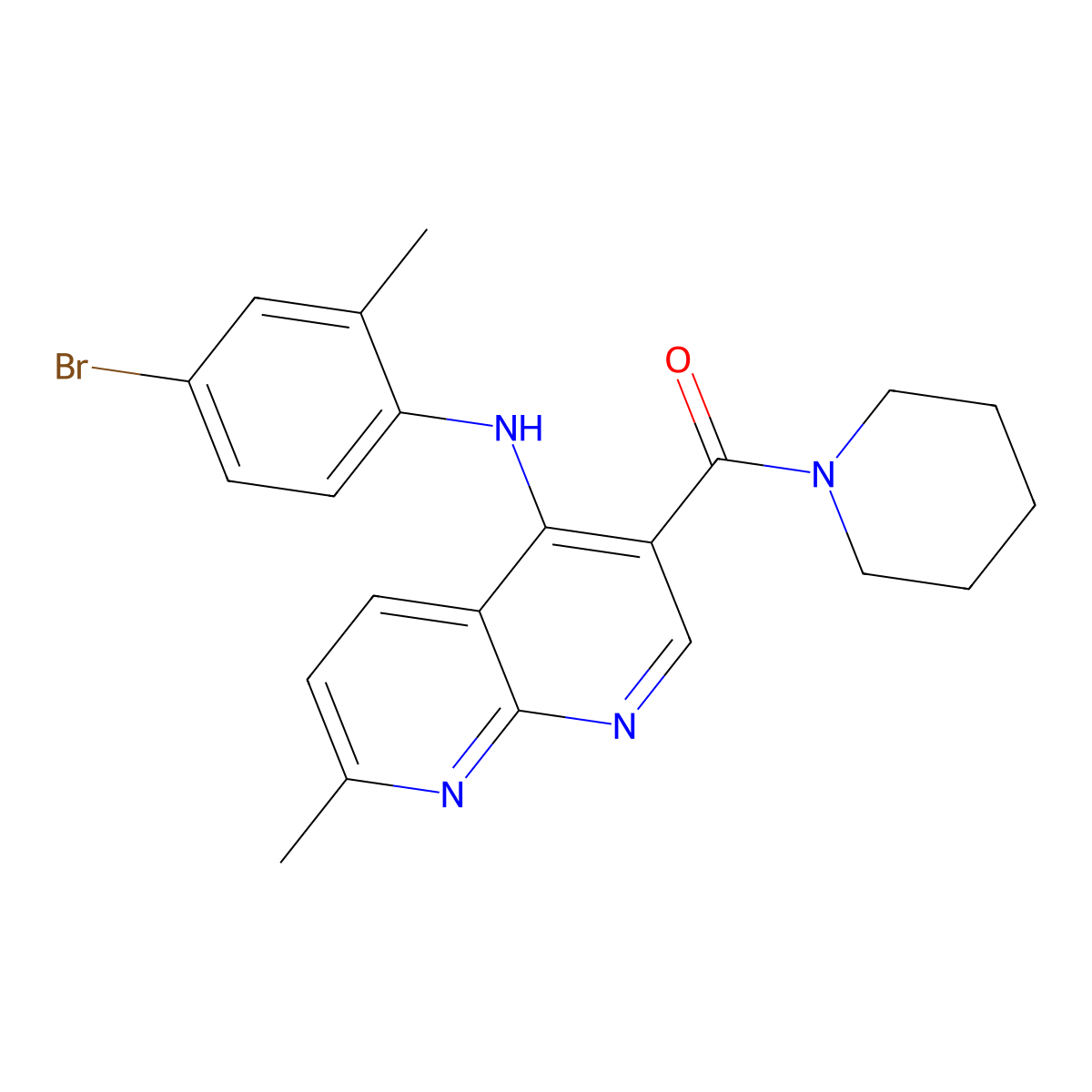 (4-((4-Bromo-2-methylphenyl)amino)-7-methyl-1,8-naphthyridin-3-yl)(piperidin-1-yl)methanone molecular structure, CAS 1251693-43-2