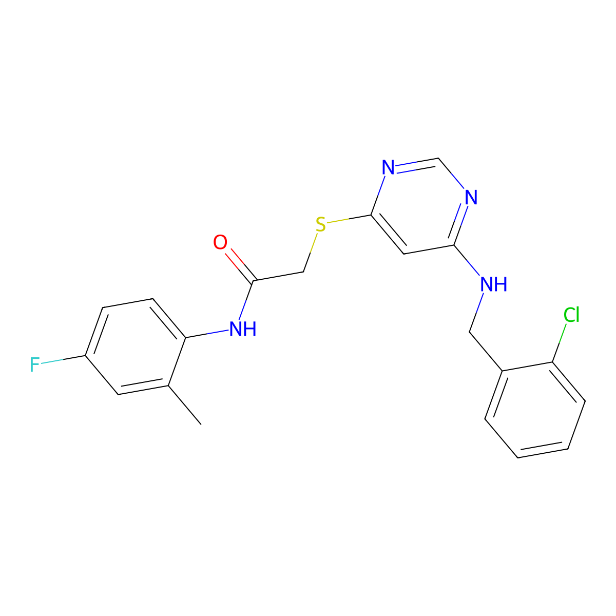 2-({6-[(2-chlorobenzyl)amino]pyrimidin-4-yl}sulfanyl)-N-(4-fluoro-2-methylphenyl)acetamide molecular structure, CAS 1251693-52-3