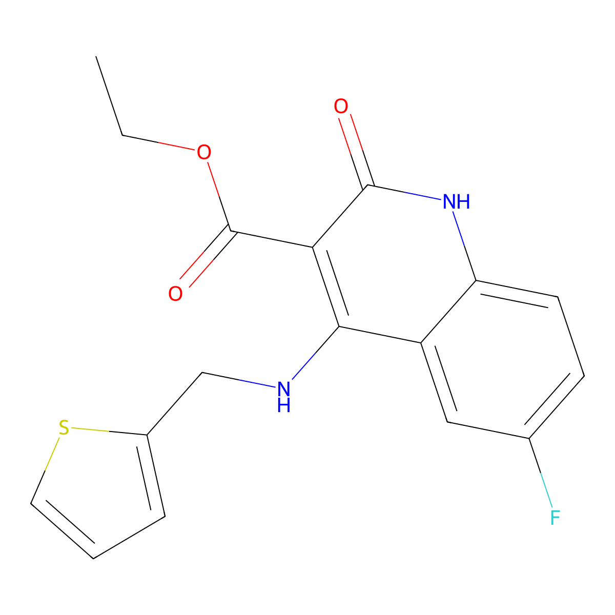 Ethyl 6-fluoro-2-oxo-4-((thiophen-2-ylmethyl)amino)-1,2-dihydroquinoline-3-carboxylate molecular structure, CAS 1251693-56-7
