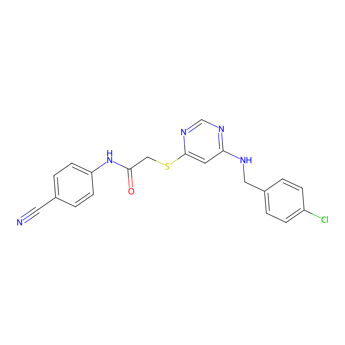 2-((6-((4-chlorobenzyl)amino)pyrimidin-4-yl)thio)-N-(4-cyanophenyl)acetamide molecular structure, CAS 1251693-58-9