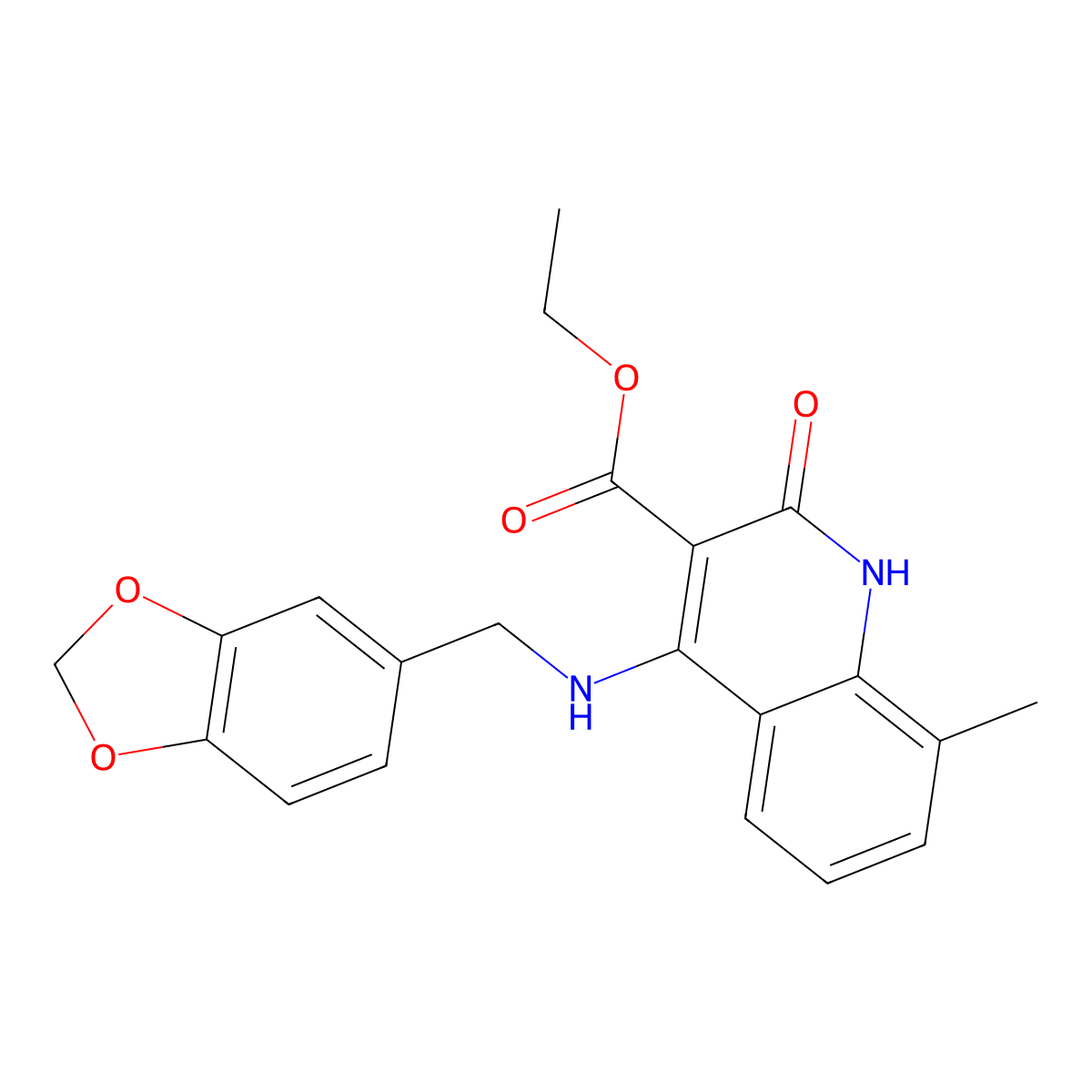 Ethyl 4-((benzo[d][1,3]dioxol-5-ylmethyl)amino)-8-methyl-2-oxo-1,2-dihydroquinoline-3-carboxylate molecular structure, CAS 1251693-60-3