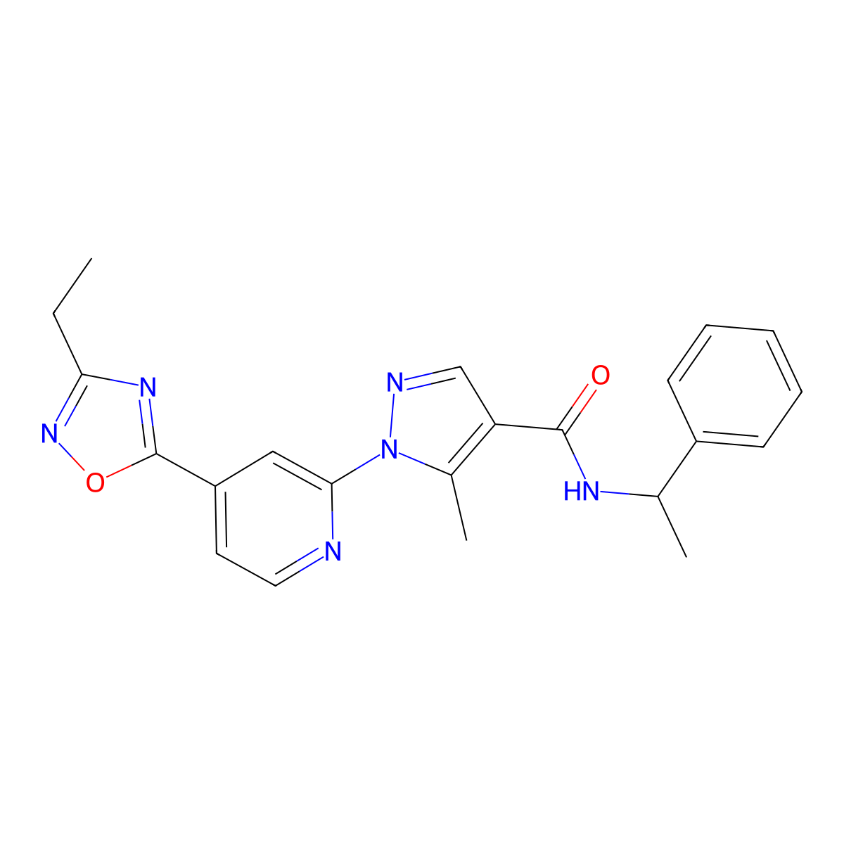 1-[4-(3-ethyl-1,2,4-oxadiazol-5-yl)pyridin-2-yl]-5-methyl-N-(1-phenylethyl)-1H-pyrazole-4-carboxamide molecular structure, CAS 1251693-75-0