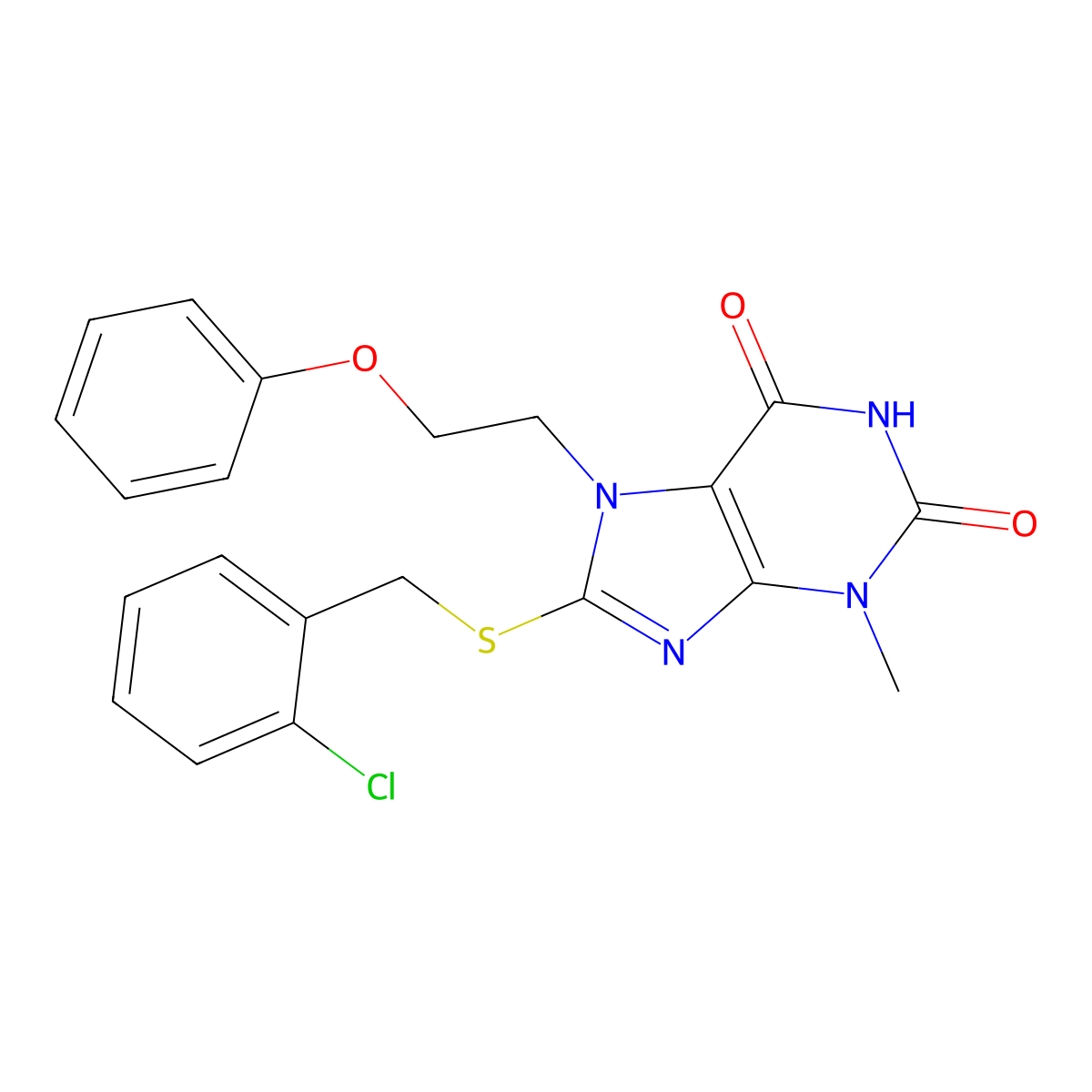 8-((2-chlorobenzyl)thio)-3-methyl-7-(2-phenoxyethyl)-1H-purine-2,6(3H,7H)-dione molecular structure, CAS 1251693-88-5