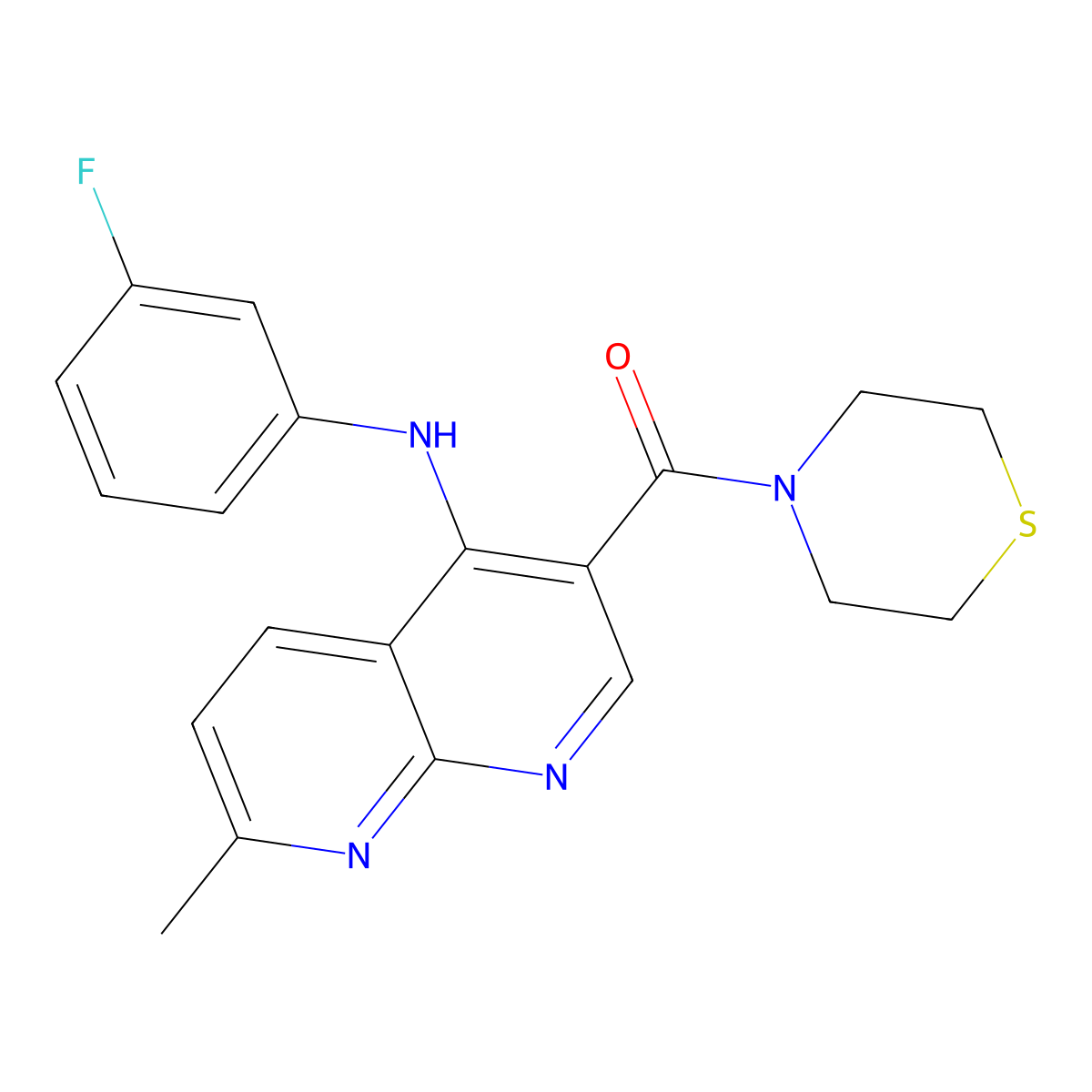 (4-((3-Fluorophenyl)amino)-7-methyl-1,8-naphthyridin-3-yl)(thiomorpholino)methanone molecular structure, CAS 1251693-92-1