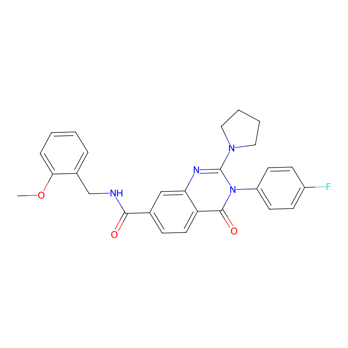 3-(4-fluorophenyl)-N-(2-methoxybenzyl)-4-oxo-2-(pyrrolidin-1-yl)-3,4-dihydroquinazoline-7-carboxamide molecular structure, CAS 1251693-93-2
