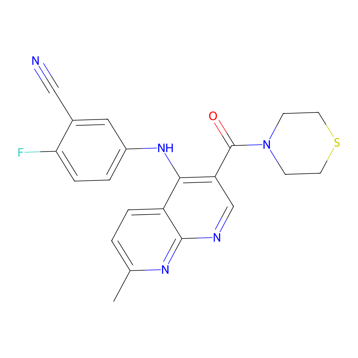 2-Fluoro-5-((7-methyl-3-(thiomorpholine-4-carbonyl)-1,8-naphthyridin-4-yl)amino)benzonitrile molecular structure, CAS 1251694-02-6