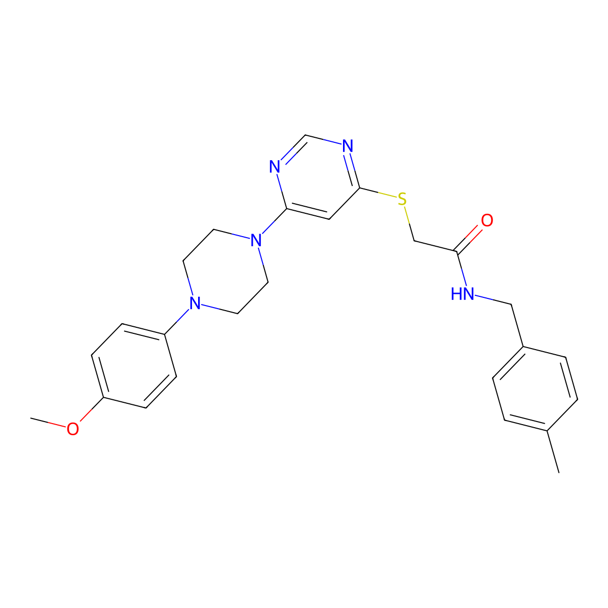 2-({6-[4-(4-methoxyphenyl)piperazin-1-yl]pyrimidin-4-yl}sulfanyl)-N-[(4-methylphenyl)methyl]acetamide molecular structure, CAS 1251694-03-7