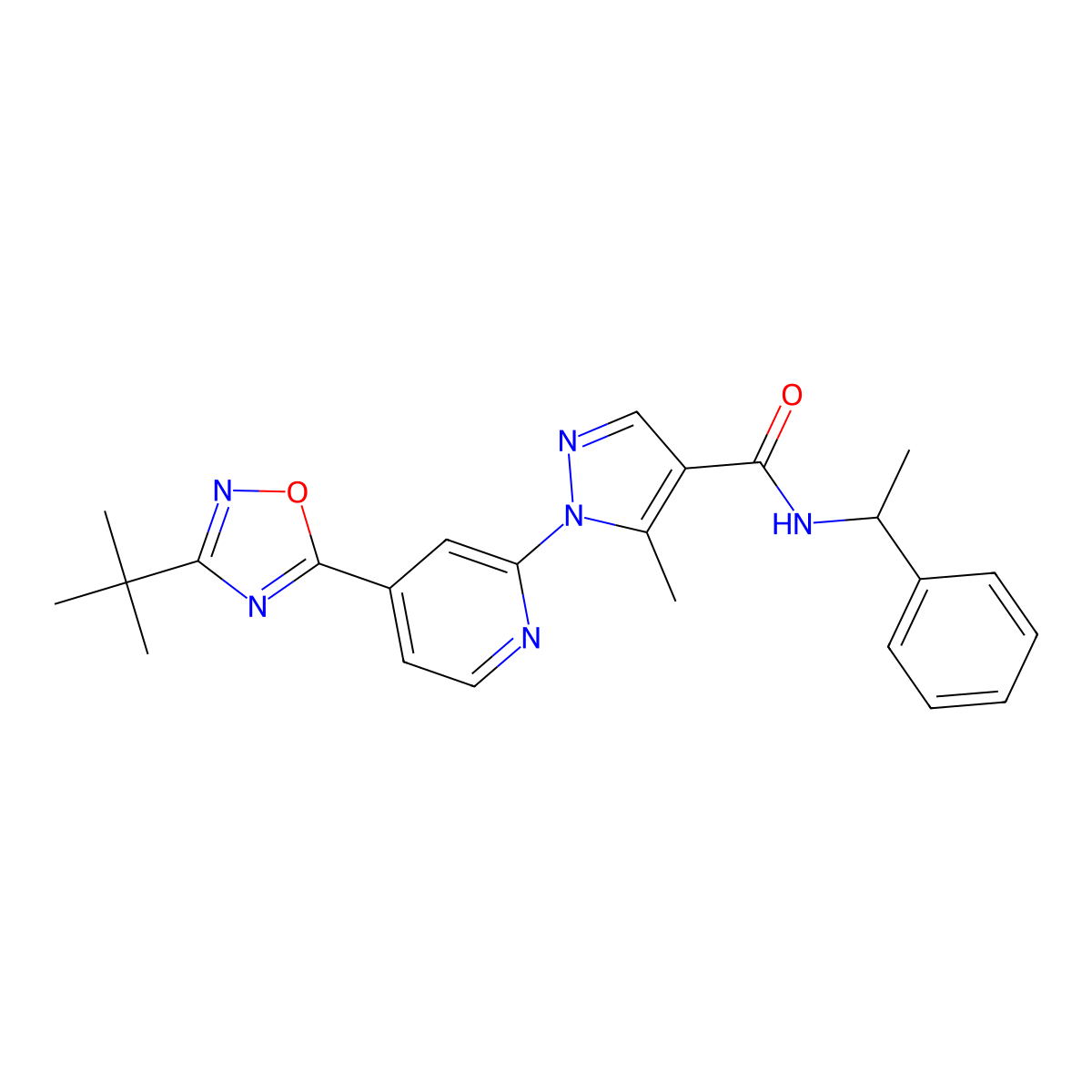 1-[4-(3-tert-butyl-1,2,4-oxadiazol-5-yl)pyridin-2-yl]-5-methyl-N-(1-phenylethyl)-1H-pyrazole-4-carboxamide molecular structure, CAS 1251694-04-8