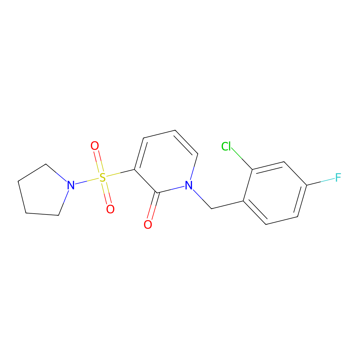 1-(2-chloro-4-fluorobenzyl)-3-(pyrrolidin-1-ylsulfonyl)pyridin-2(1H)-one molecular structure, CAS 1251694-07-1