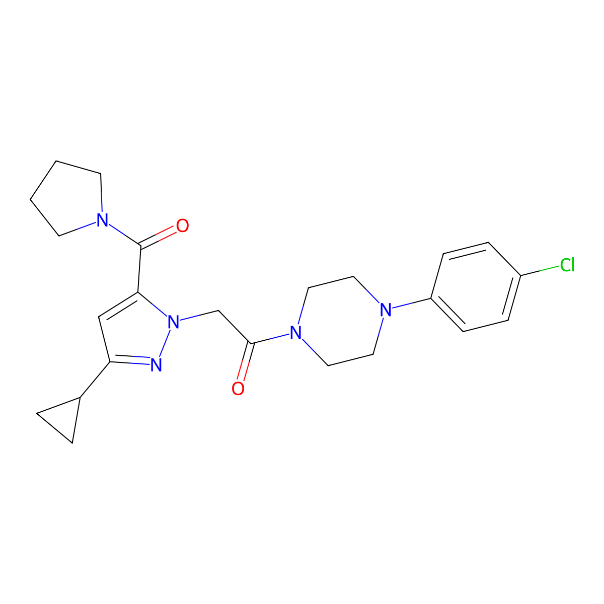 1-[4-(4-chlorophenyl)piperazino]-2-[3-cyclopropyl-5-(1-pyrrolidinylcarbonyl)-1H-pyrazol-1-yl]-1-ethanone molecular structure, CAS 1251694-16-2