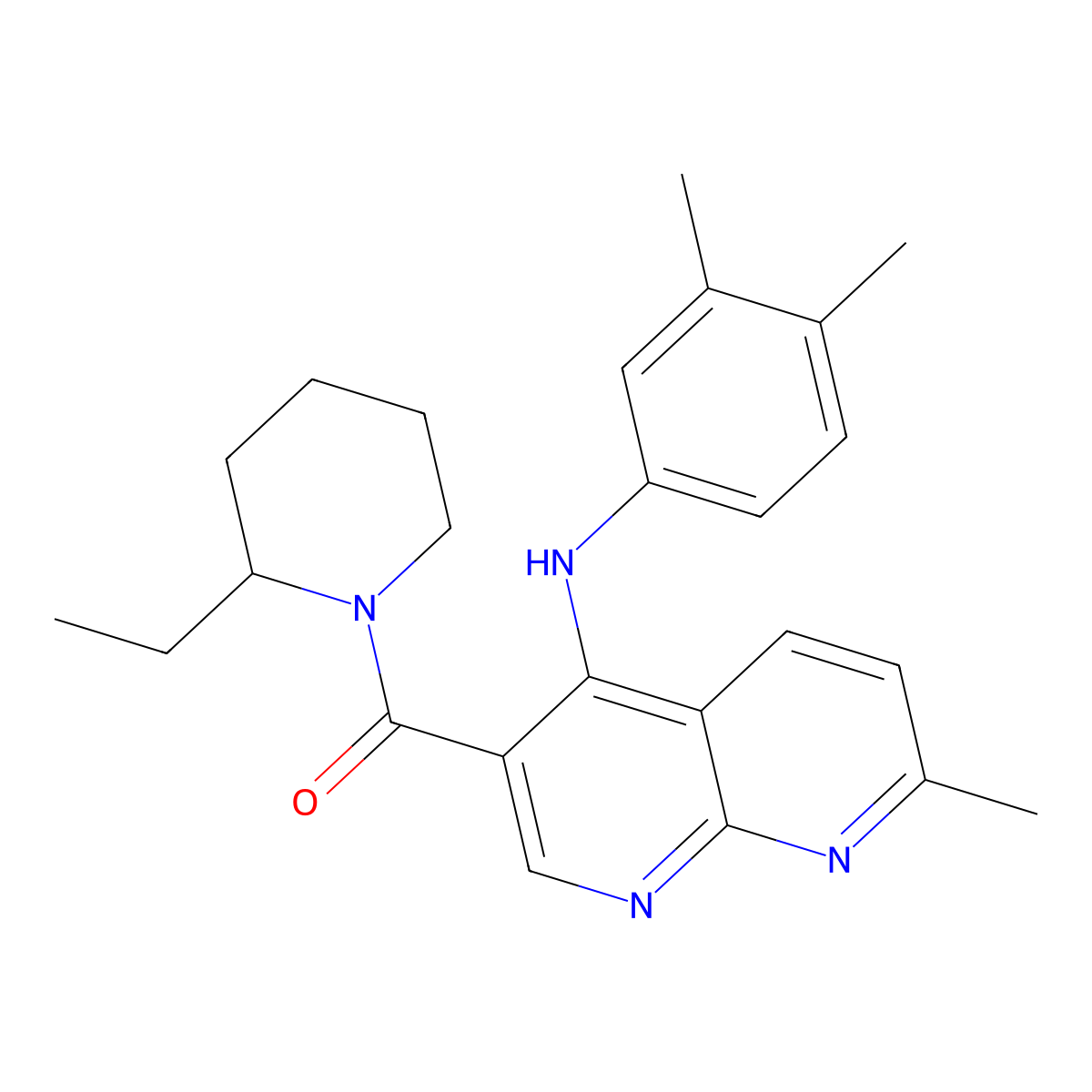 (4-((3,4-Dimethylphenyl)amino)-7-methyl-1,8-naphthyridin-3-yl)(2-ethylpiperidin-1-yl)methanone molecular structure, CAS 1251694-28-6