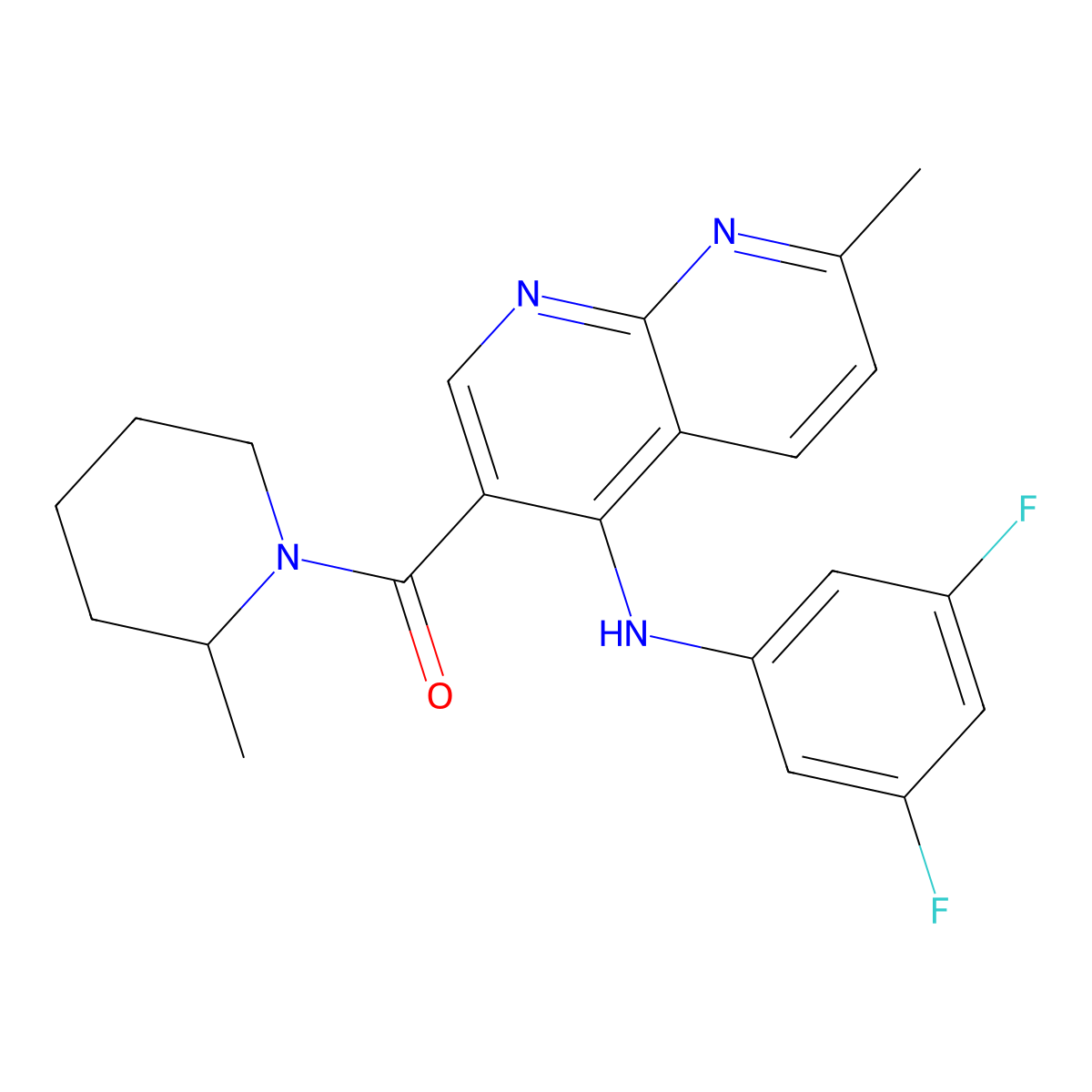 N-(3,5-difluorophenyl)-7-methyl-3-(2-methylpiperidine-1-carbonyl)-1,8-naphthyridin-4-amine molecular structure, CAS 1251694-41-3