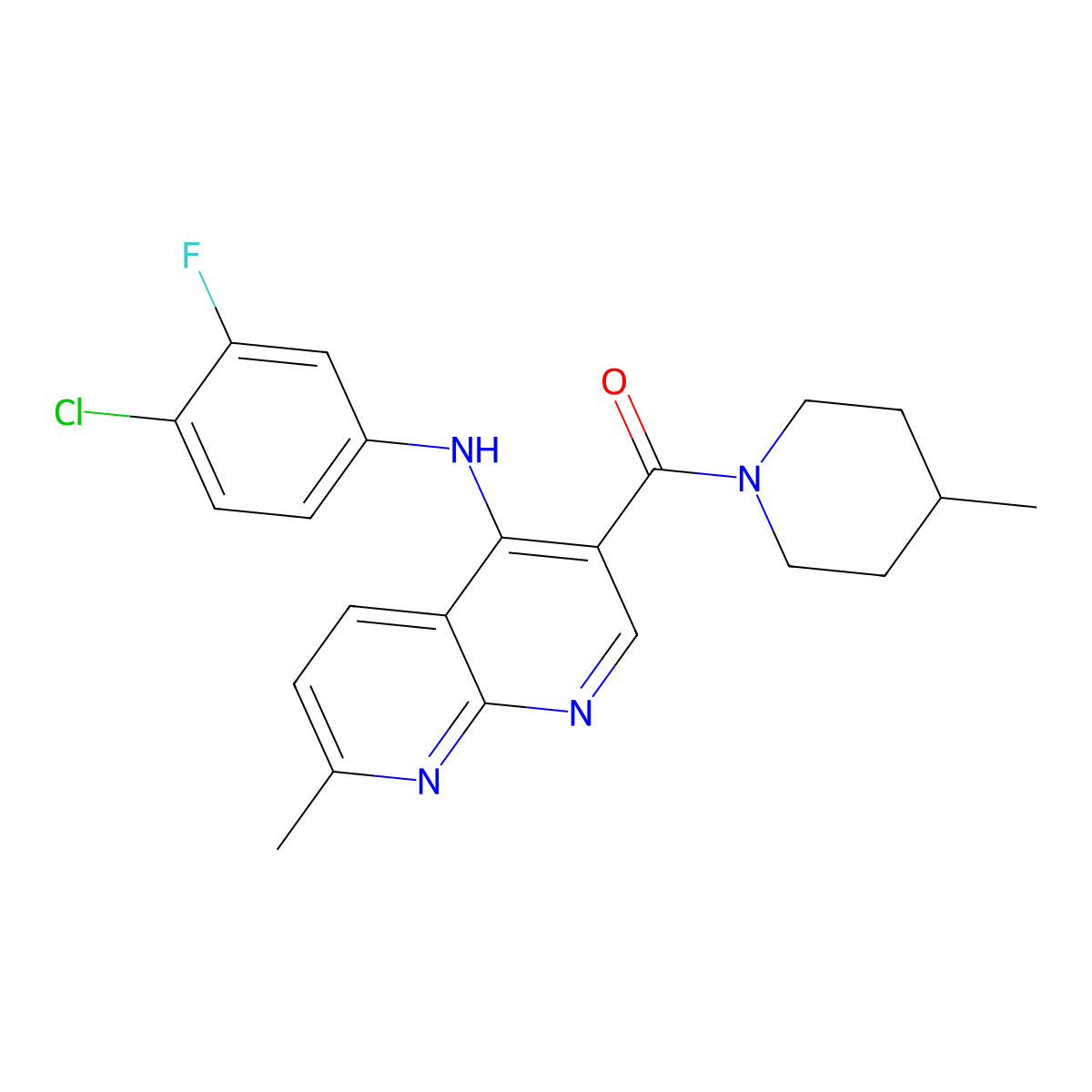 (4-((4-Chloro-3-fluorophenyl)amino)-7-methyl-1,8-naphthyridin-3-yl)(4-methylpiperidin-1-yl)methanone molecular structure, CAS 1251694-55-9