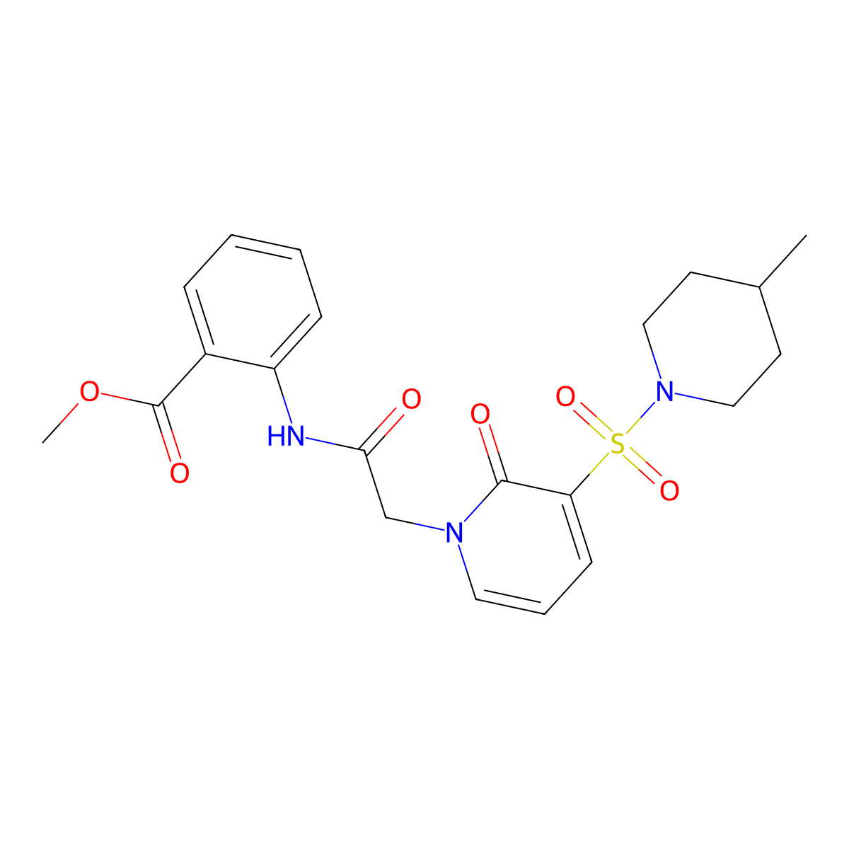 methyl 2-(2-(3-((4-methylpiperidin-1-yl)sulfonyl)-2-oxopyridin-1(2H)-yl)acetamido)benzoate molecular structure, CAS 1251694-74-2
