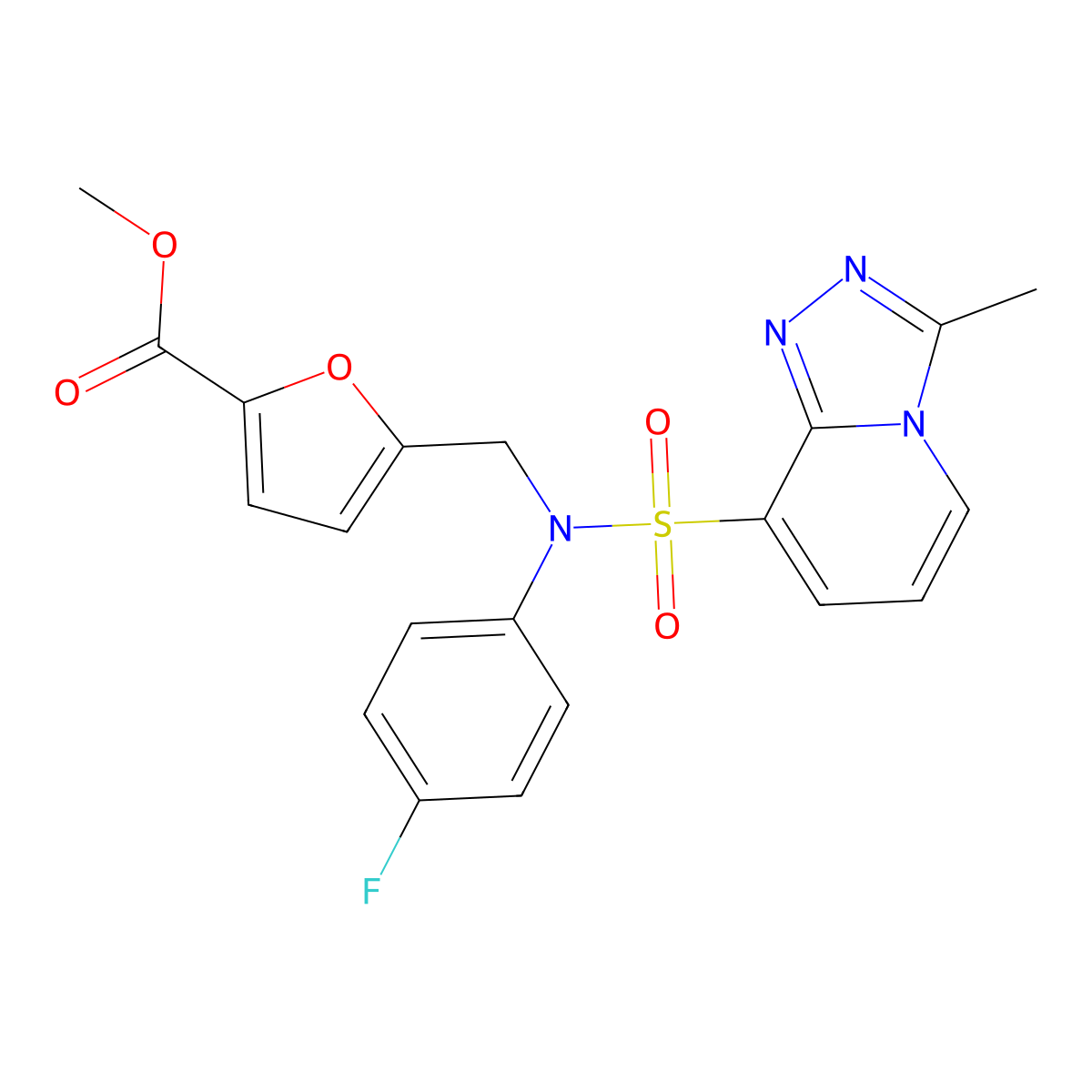 methyl 5-{[N-(4-fluorophenyl)3-methyl-[1,2,4]triazolo[4,3-a]pyridine-8-sulfonamido]methyl}furan-2-carboxylate molecular structure, CAS 1251694-79-7