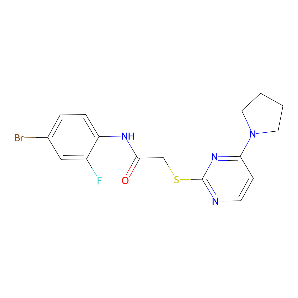 N-(4-bromo-2-fluorophenyl)-2-((4-(pyrrolidin-1-yl)pyrimidin-2-yl)thio)acetamide molecular structure, CAS 1251694-82-2