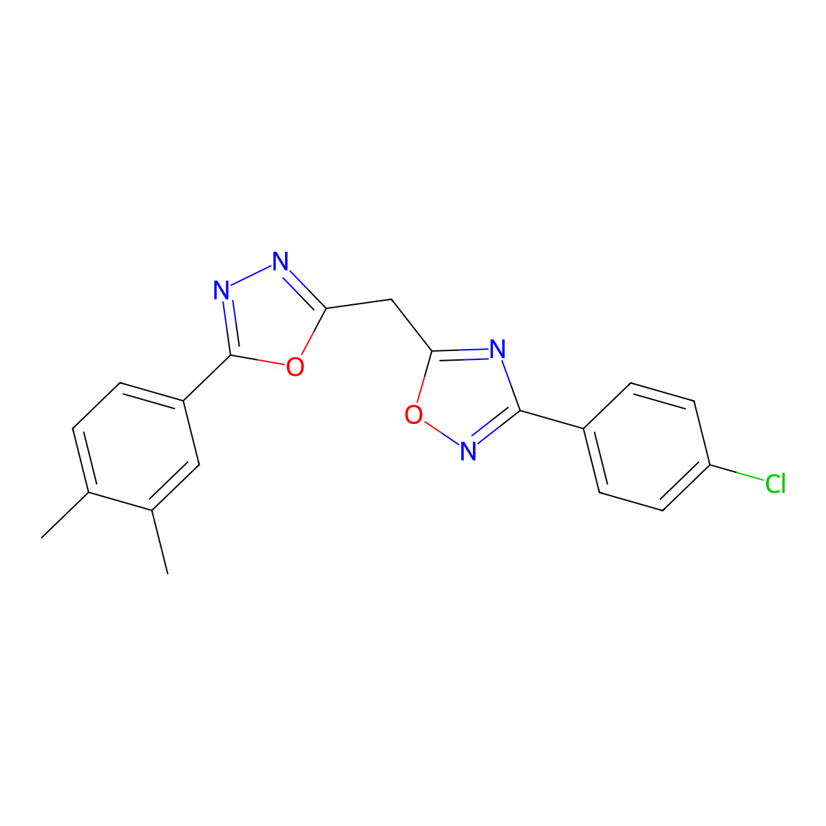 3-(4-Chlorophenyl)-5-{[5-(3,4-dimethylphenyl)-1,3,4-oxadiazol-2-yl]methyl}-1,2,4-oxadiazole molecular structure, CAS 1251695-07-4