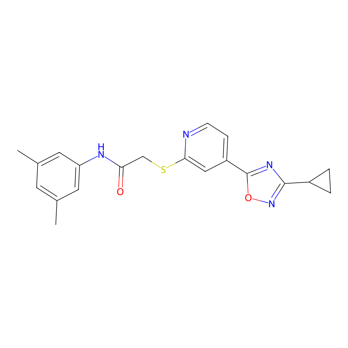 2-((4-(3-cyclopropyl-1,2,4-oxadiazol-5-yl)pyridin-2-yl)thio)-N-(3,5-dimethylphenyl)acetamide molecular structure, CAS 1251695-18-7