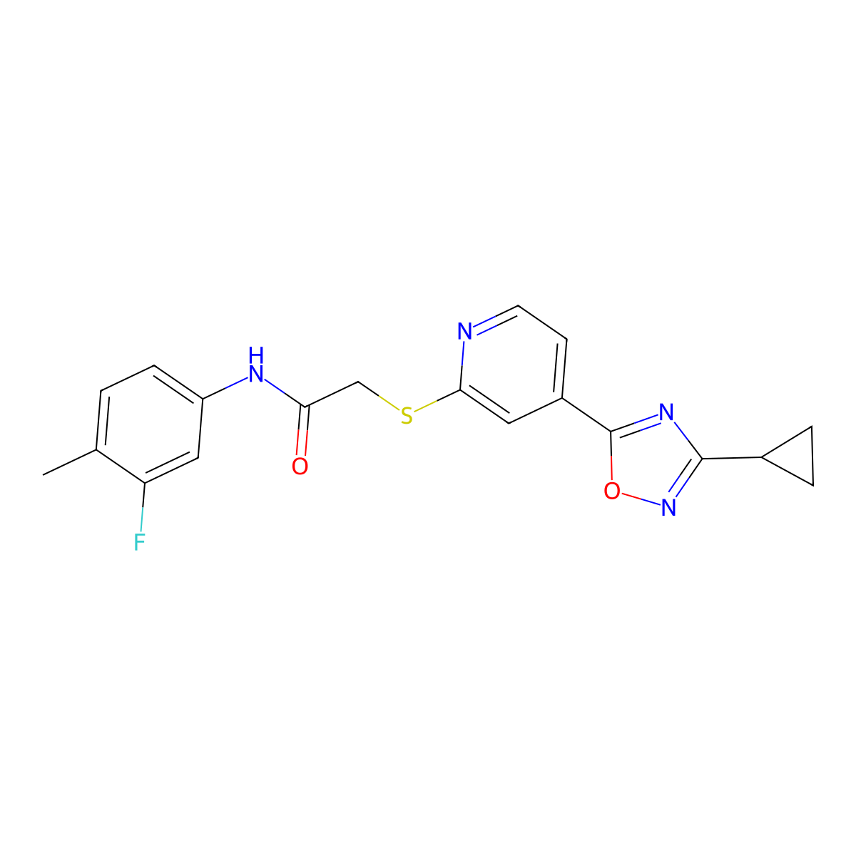 2-((4-(3-cyclopropyl-1,2,4-oxadiazol-5-yl)pyridin-2-yl)thio)-N-(3-fluoro-4-methylphenyl)acetamide molecular structure, CAS 1251695-23-4