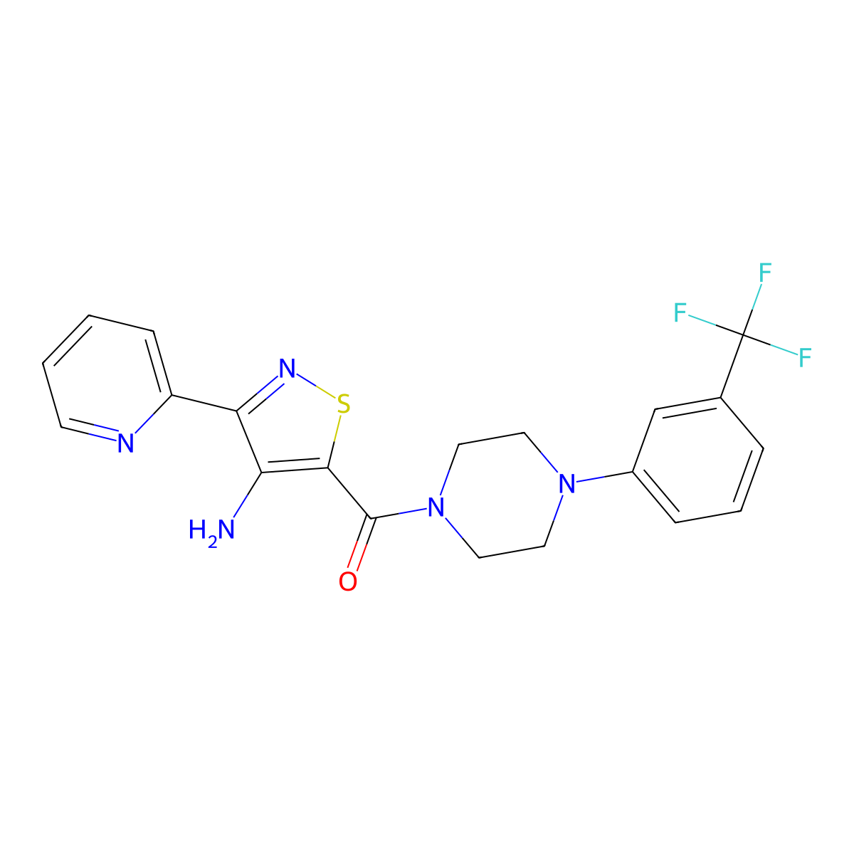 (4-Amino-3-(pyridin-2-yl)isothiazol-5-yl)(4-(3-(trifluoromethyl)phenyl)piperazin-1-yl)methanone molecular structure, CAS 1251695-27-8