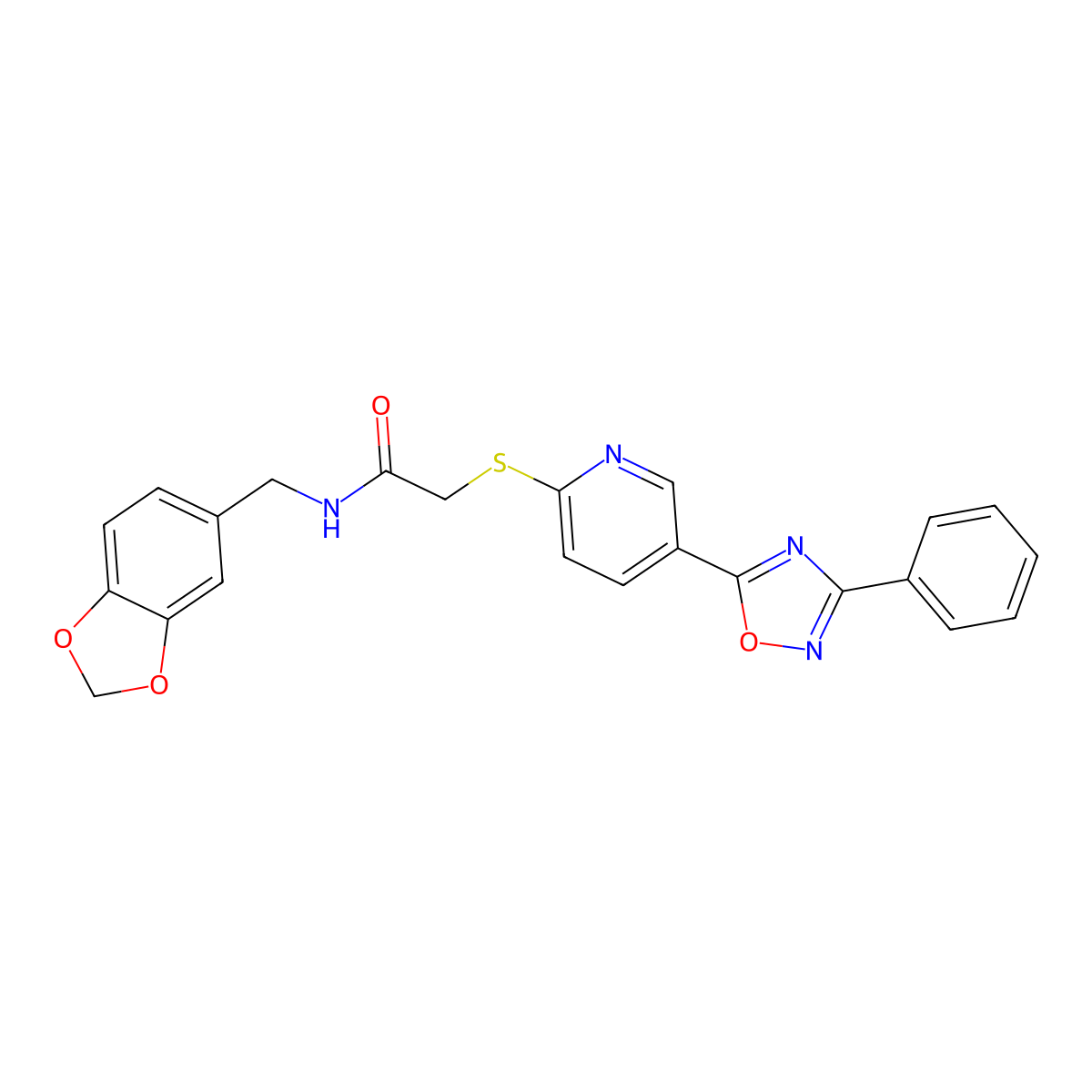 N-(benzo[d][1,3]dioxol-5-ylmethyl)-2-((5-(3-phenyl-1,2,4-oxadiazol-5-yl)pyridin-2-yl)thio)acetamide molecular structure, CAS 1251695-37-0