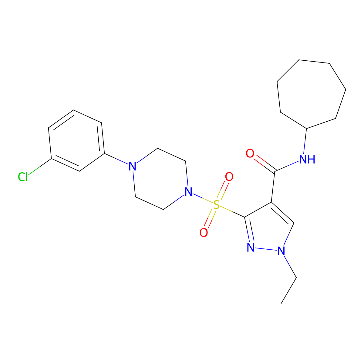 3-{[4-(3-chlorophenyl)piperazin-1-yl]sulfonyl}-N-cycloheptyl-1-ethyl-1H-pyrazole-4-carboxamide molecular structure, CAS 1251695-58-5