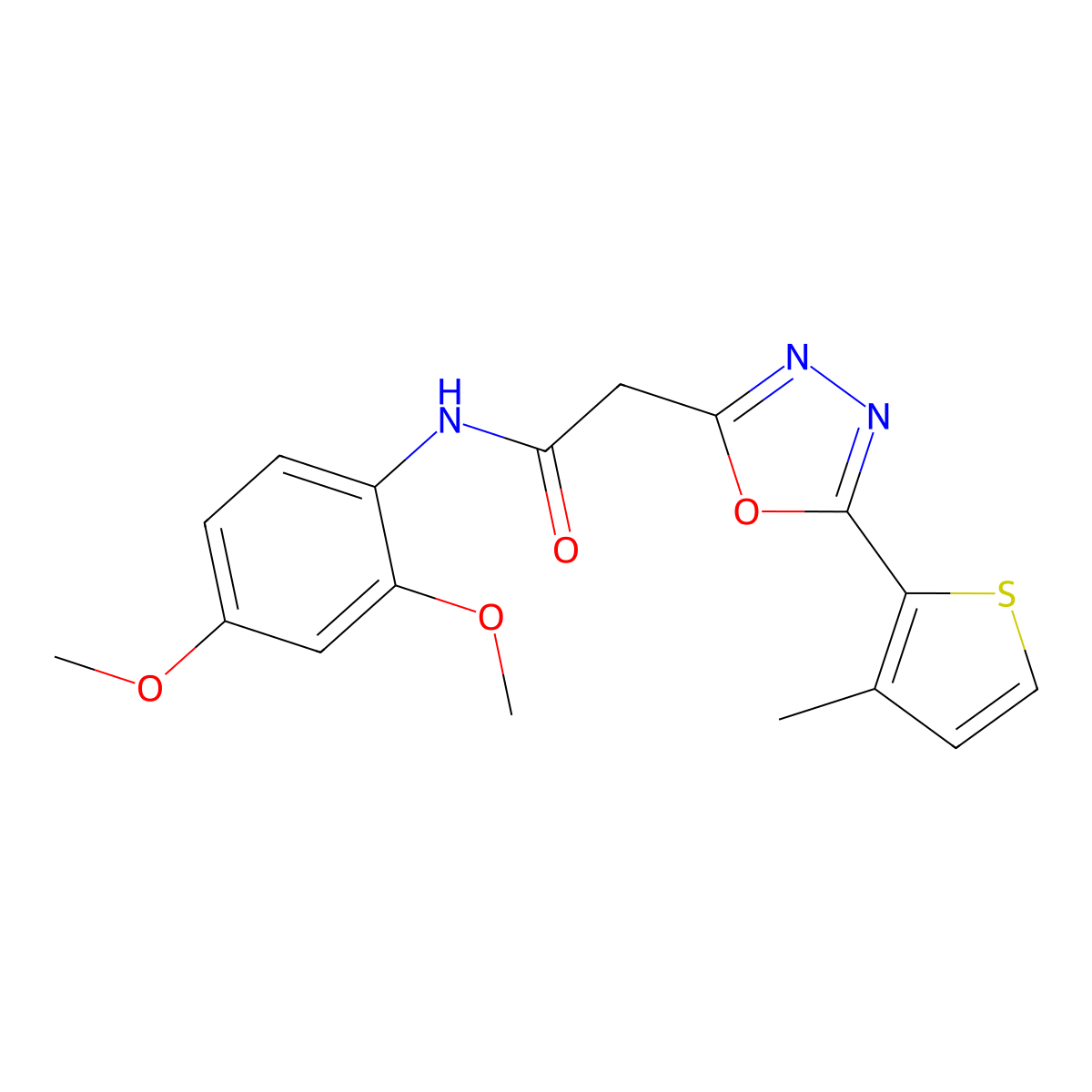 N-(2,4-dimethoxyphenyl)-2-[5-(3-methylthiophen-2-yl)-1,3,4-oxadiazol-2-yl]acetamide molecular structure, CAS 1251695-61-0
