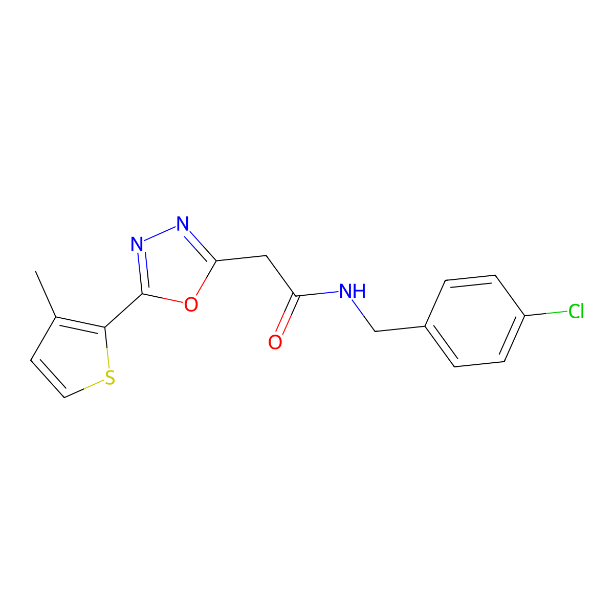 N-[(4-chlorophenyl)methyl]-2-[5-(3-methylthiophen-2-yl)-1,3,4-oxadiazol-2-yl]acetamide molecular structure, CAS 1251695-68-7