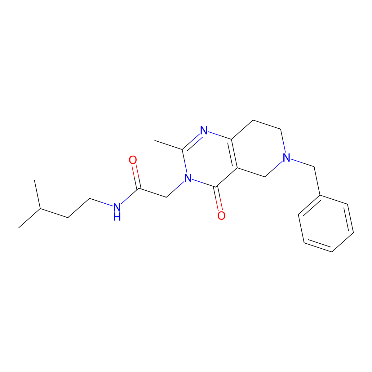 2-(6-benzyl-2-methyl-4-oxo-5,6,7,8-tetrahydropyrido[4,3-d]pyrimidin-3(4H)-yl)-N-isopentylacetamide molecular structure, CAS 1251695-82-5