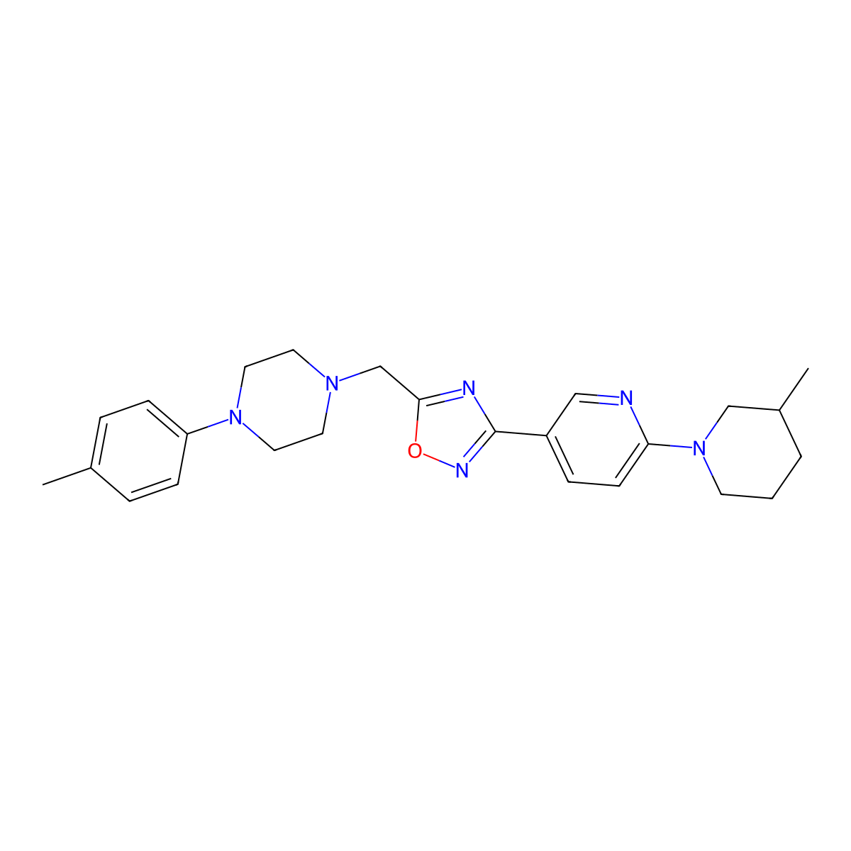 1-(4-Methylphenyl)-4-({3-[6-(3-methylpiperidin-1-yl)pyridin-3-yl]-1,2,4-oxadiazol-5-yl}methyl)piperazine molecular structure, CAS 1251695-95-0