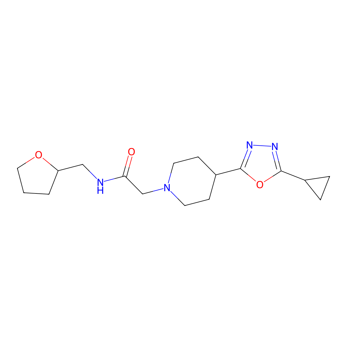2-(4-(5-cyclopropyl-1,3,4-oxadiazol-2-yl)piperidin-1-yl)-N-((tetrahydrofuran-2-yl)methyl)acetamide molecular structure, CAS 1251696-37-3
