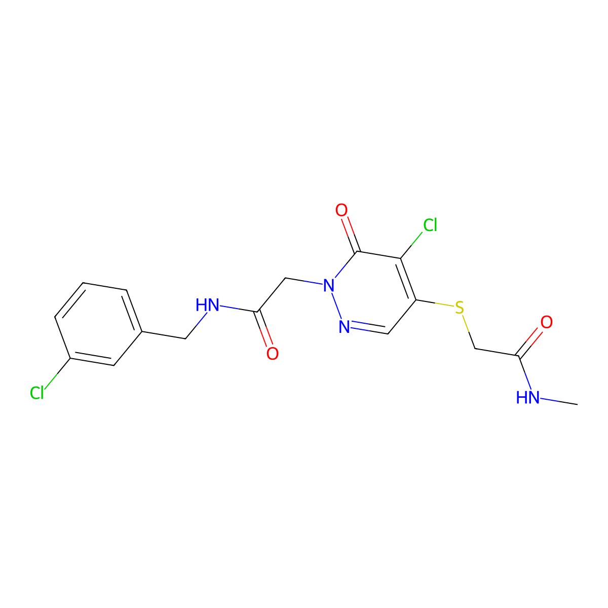 2-((5-chloro-1-(2-((3-chlorobenzyl)amino)-2-oxoethyl)-6-oxo-1,6-dihydropyridazin-4-yl)thio)-N-methylacetamide molecular structure, CAS 1251696-48-6
