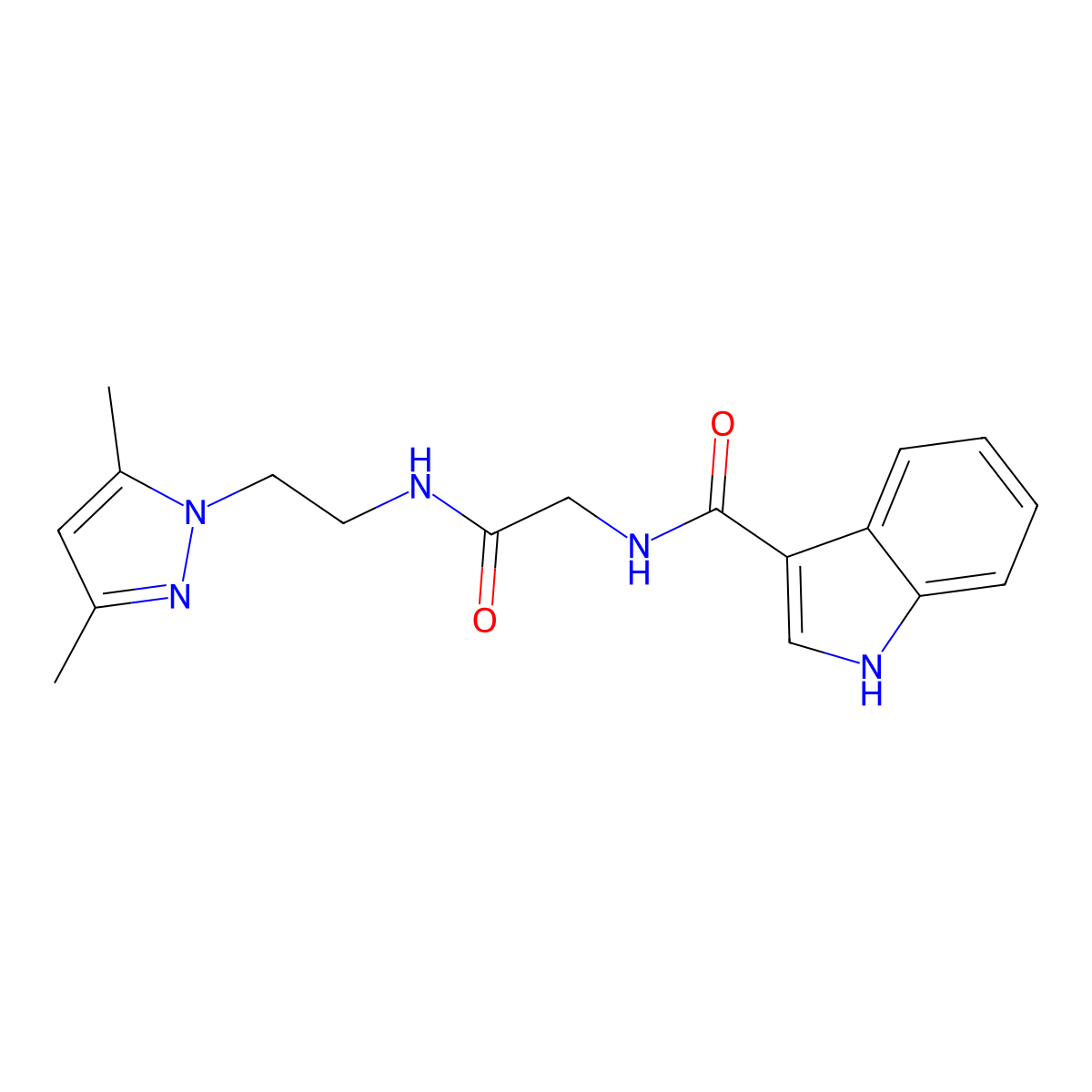 N-(2-((2-(3,5-dimethyl-1H-pyrazol-1-yl)ethyl)amino)-2-oxoethyl)-1H-indole-3-carboxamide molecular structure, CAS 1251696-52-2
