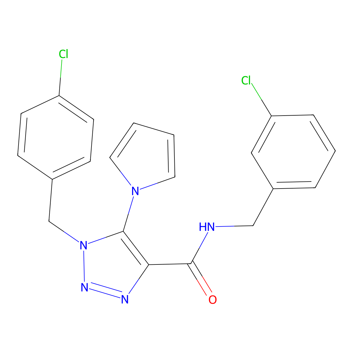 N-[(3-chlorophenyl)methyl]-1-[(4-chlorophenyl)methyl]-5-(1H-pyrrol-1-yl)-1H-1,2,3-triazole-4-carboxamide molecular structure, CAS 1251696-59-9
