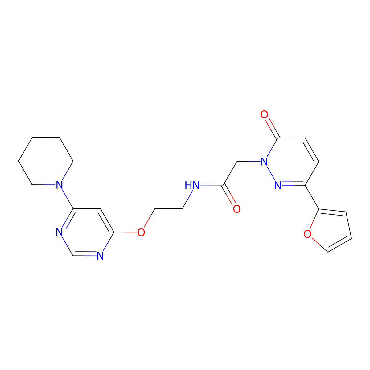 2-(3-(furan-2-yl)-6-oxopyridazin-1(6H)-yl)-N-(2-((6-(piperidin-1-yl)pyrimidin-4-yl)oxy)ethyl)acetamide molecular structure, CAS 1251696-95-3