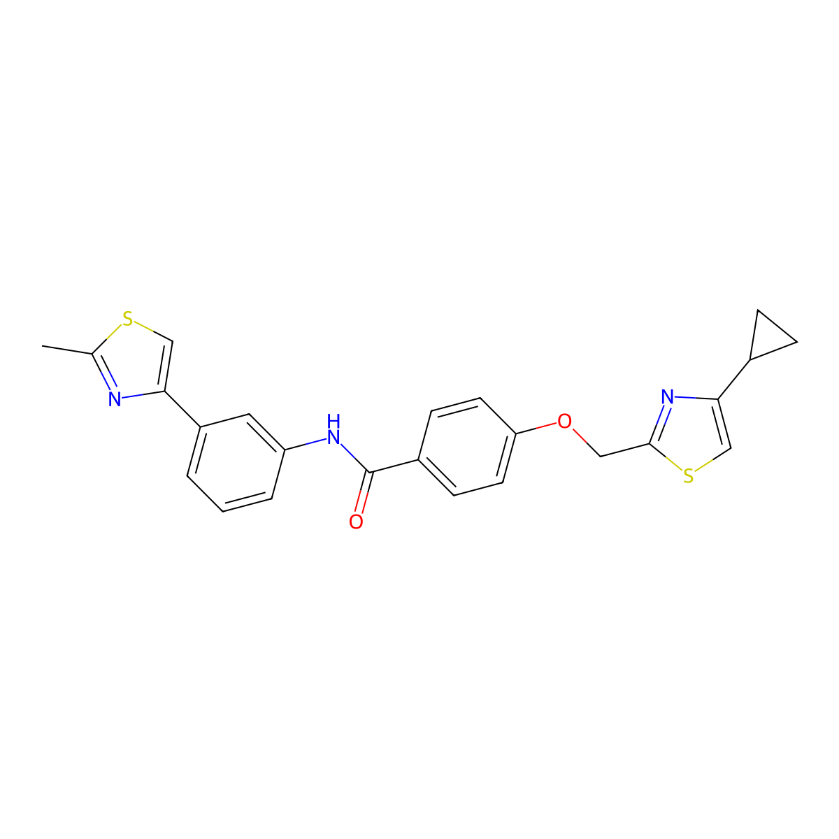4-((4-cyclopropylthiazol-2-yl)methoxy)-N-(3-(2-methylthiazol-4-yl)phenyl)benzamide molecular structure, CAS 1251697-23-0