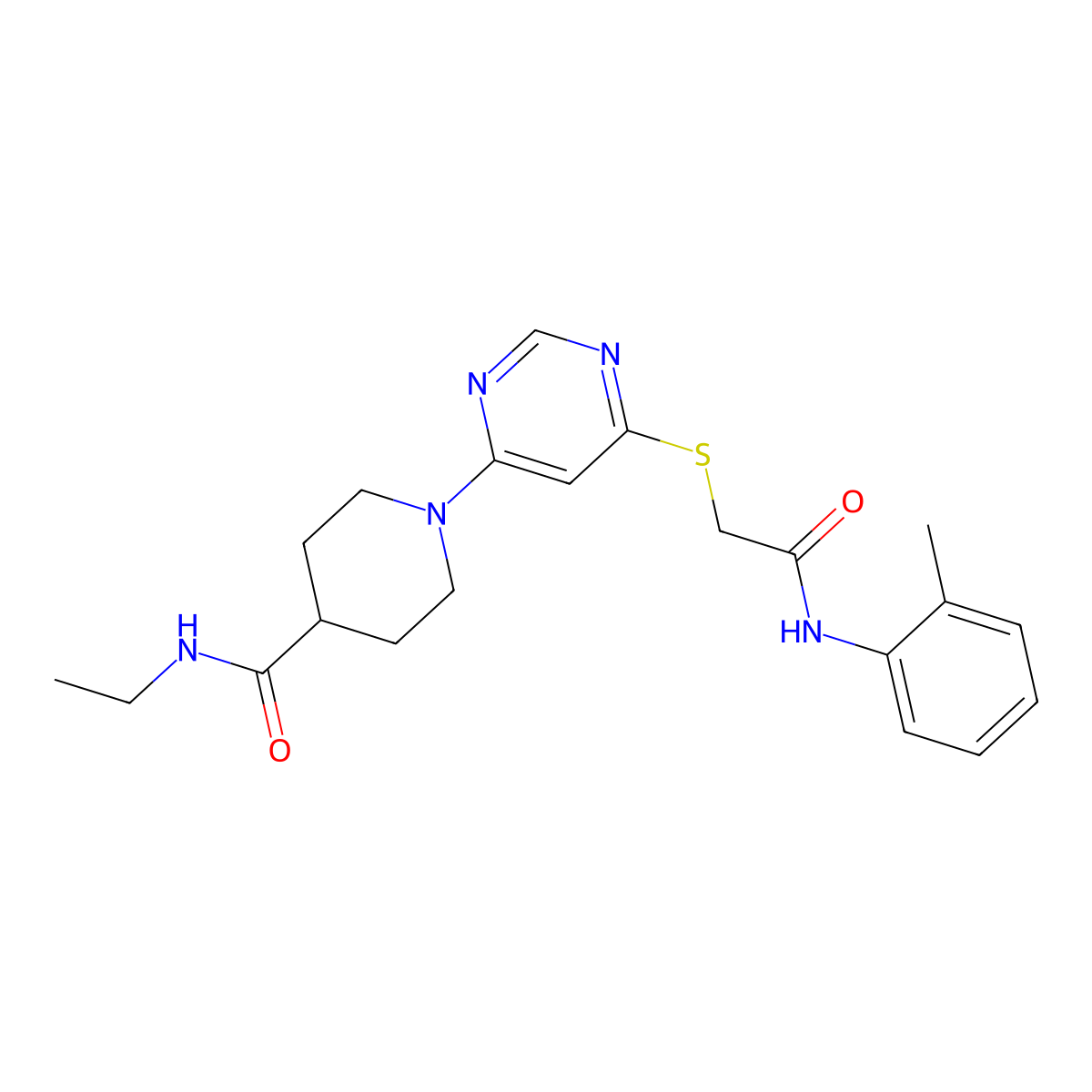 N-ethyl-1-(6-((2-oxo-2-(o-tolylamino)ethyl)thio)pyrimidin-4-yl)piperidine-4-carboxamide molecular structure, CAS 1251697-38-7