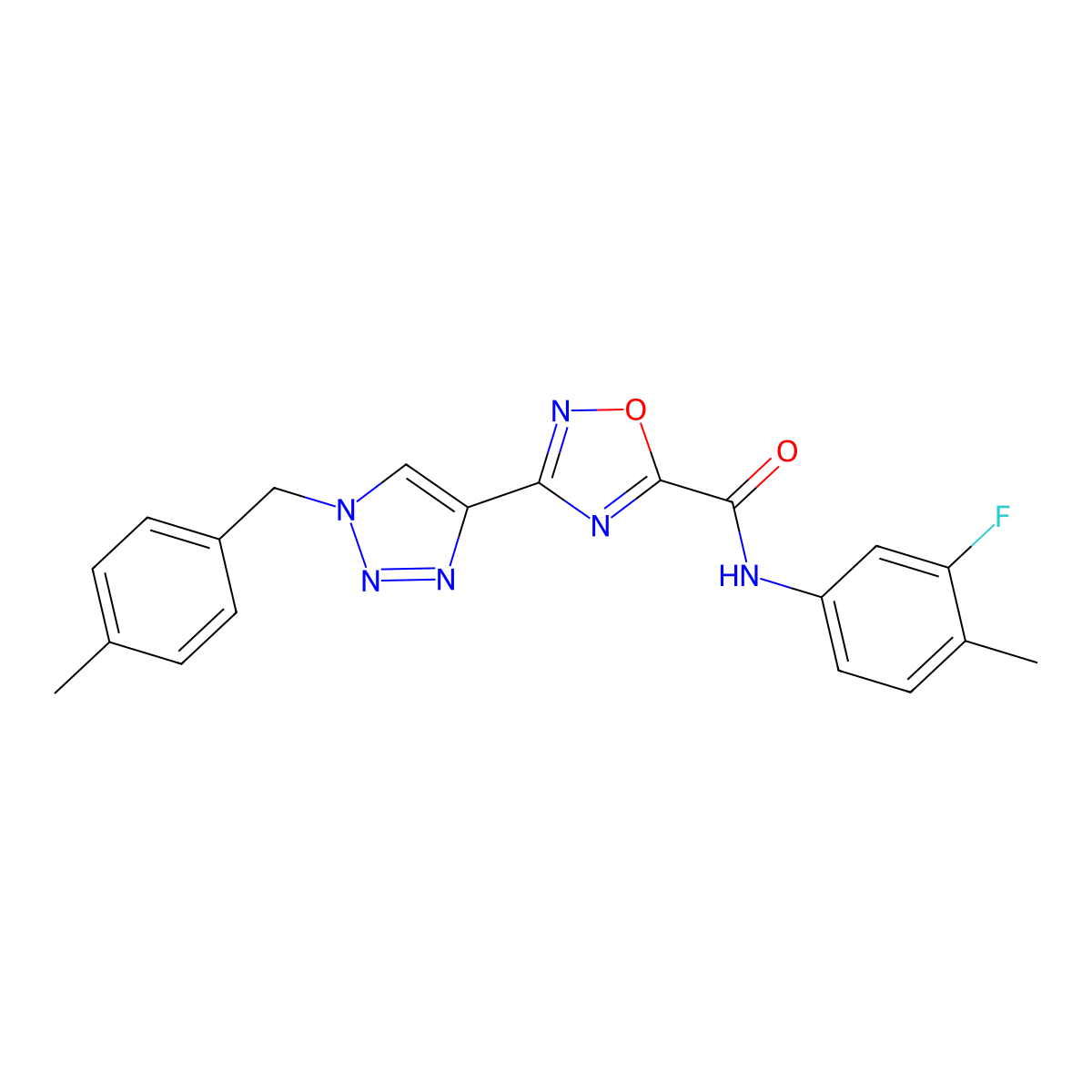 N-(3-fluoro-4-methylphenyl)-3-{1-[(4-methylphenyl)methyl]-1H-1,2,3-triazol-4-yl}-1,2,4-oxadiazole-5-carboxamide molecular structure, CAS 1251697-46-7