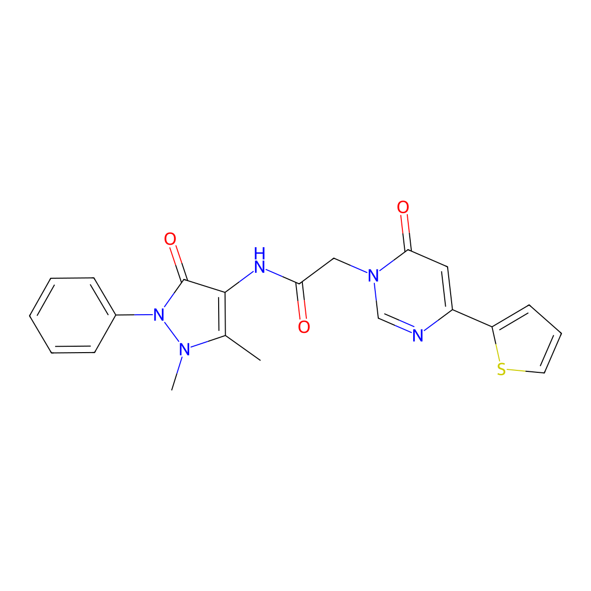 N-(1,5-dimethyl-3-oxo-2-phenyl-2,3-dihydro-1H-pyrazol-4-yl)-2-(6-oxo-4-(thiophen-2-yl)pyrimidin-1(6H)-yl)acetamide molecular structure, CAS 1251697-47-8