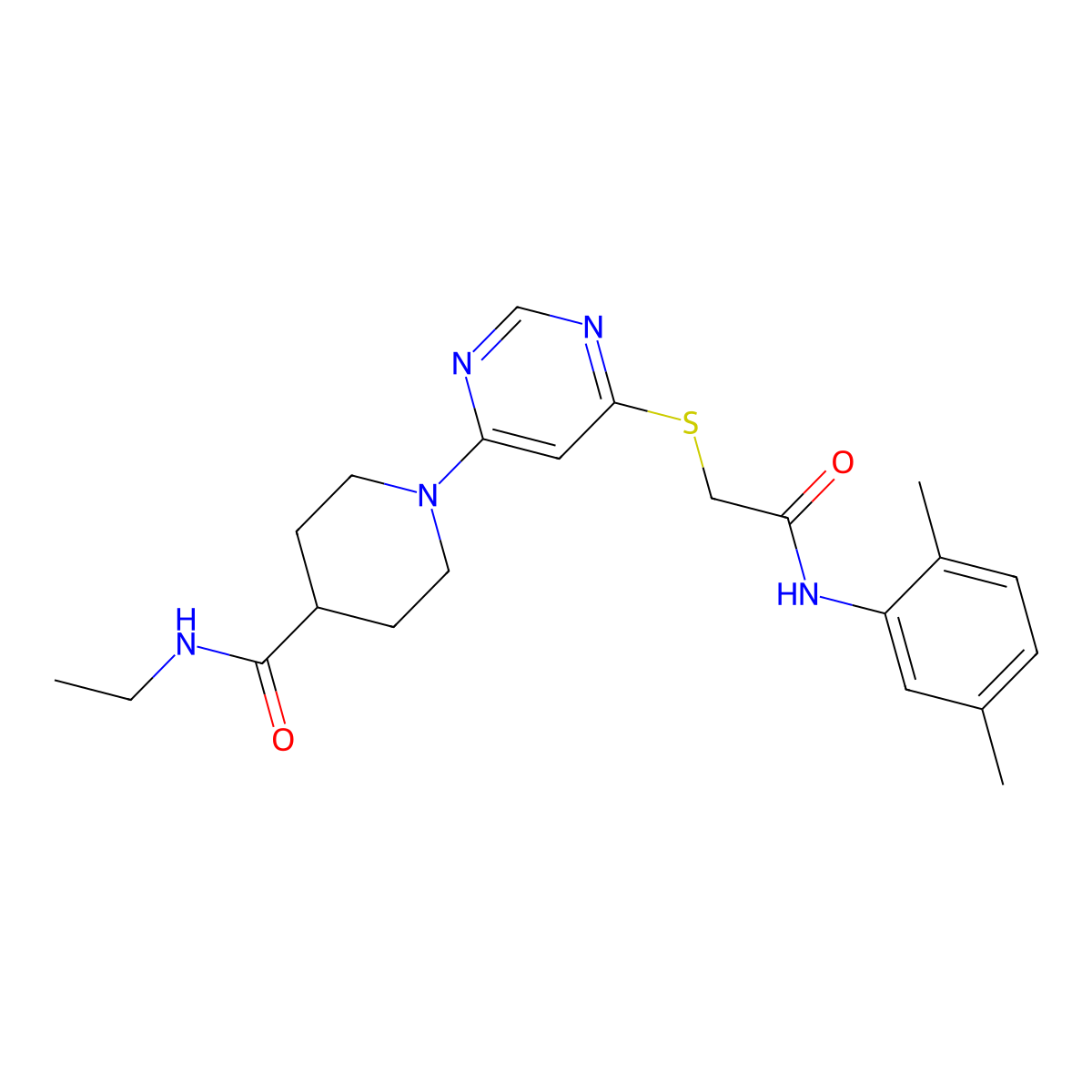 1-(6-((2-((2,5-dimethylphenyl)amino)-2-oxoethyl)thio)pyrimidin-4-yl)-N-ethylpiperidine-4-carboxamide molecular structure, CAS 1251697-48-9