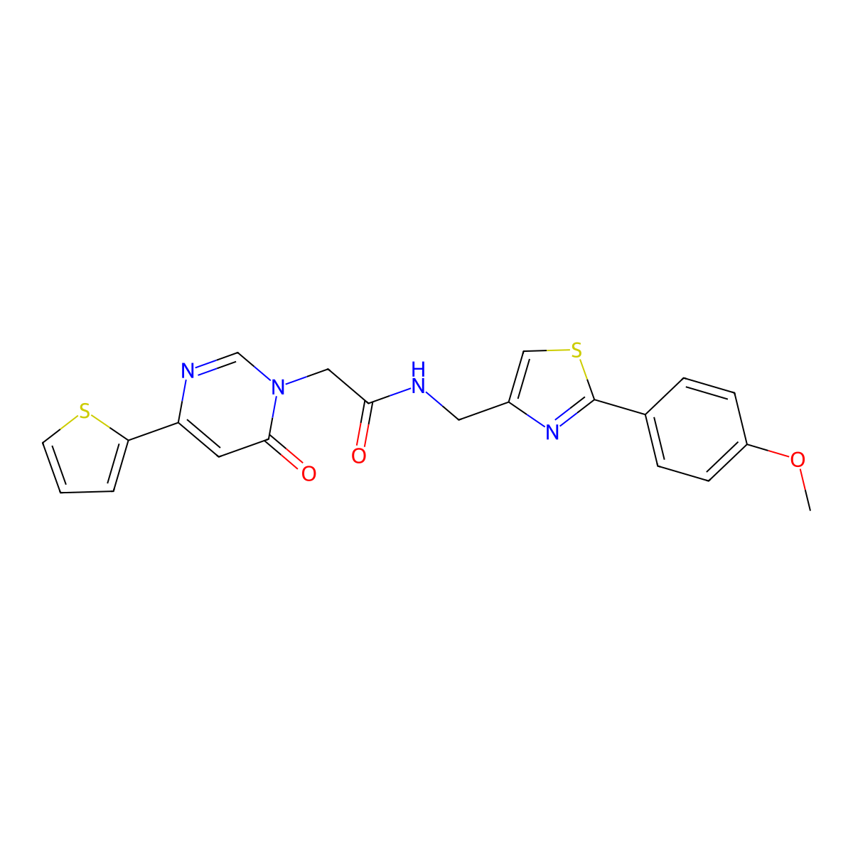 N-((2-(4-methoxyphenyl)thiazol-4-yl)methyl)-2-(6-oxo-4-(thiophen-2-yl)pyrimidin-1(6H)-yl)acetamide molecular structure, CAS 1251697-50-3