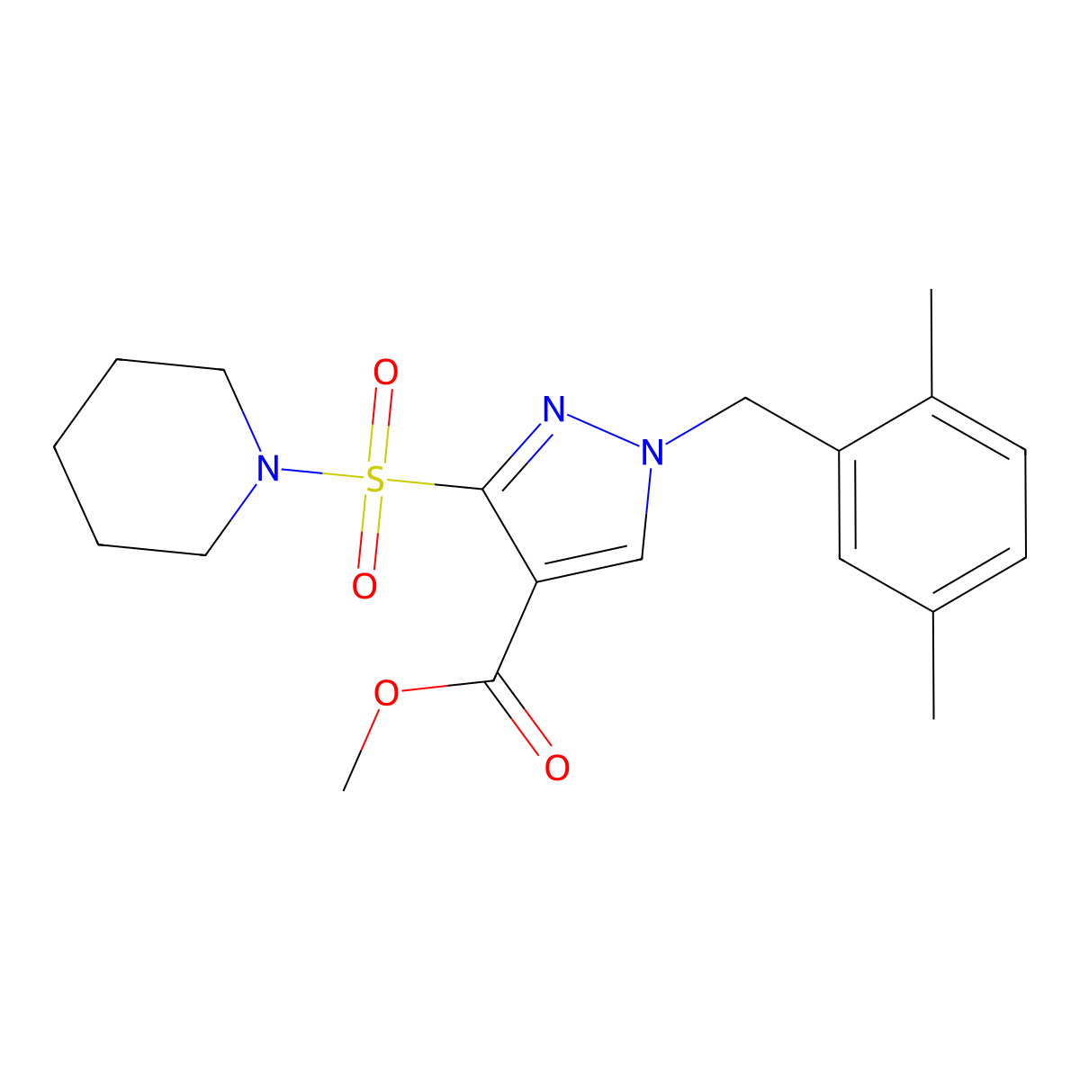 methyl 1-(2,5-dimethylbenzyl)-3-(piperidin-1-ylsulfonyl)-1H-pyrazole-4-carboxylate molecular structure, CAS 1251697-61-6