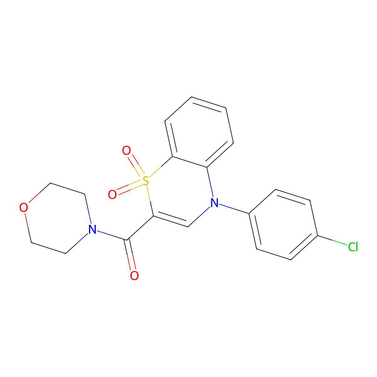 (4-(4-chlorophenyl)-1,1-dioxido-4H-benzo[b][1,4]thiazin-2-yl)(morpholino)methanone molecular structure, CAS 1251697-63-8