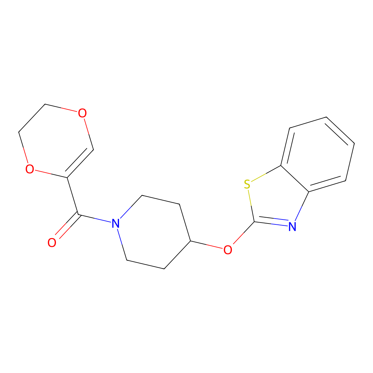 (4-(Benzo[d]thiazol-2-yloxy)piperidin-1-yl)(5,6-dihydro-1,4-dioxin-2-yl)methanone molecular structure, CAS 1251697-67-2