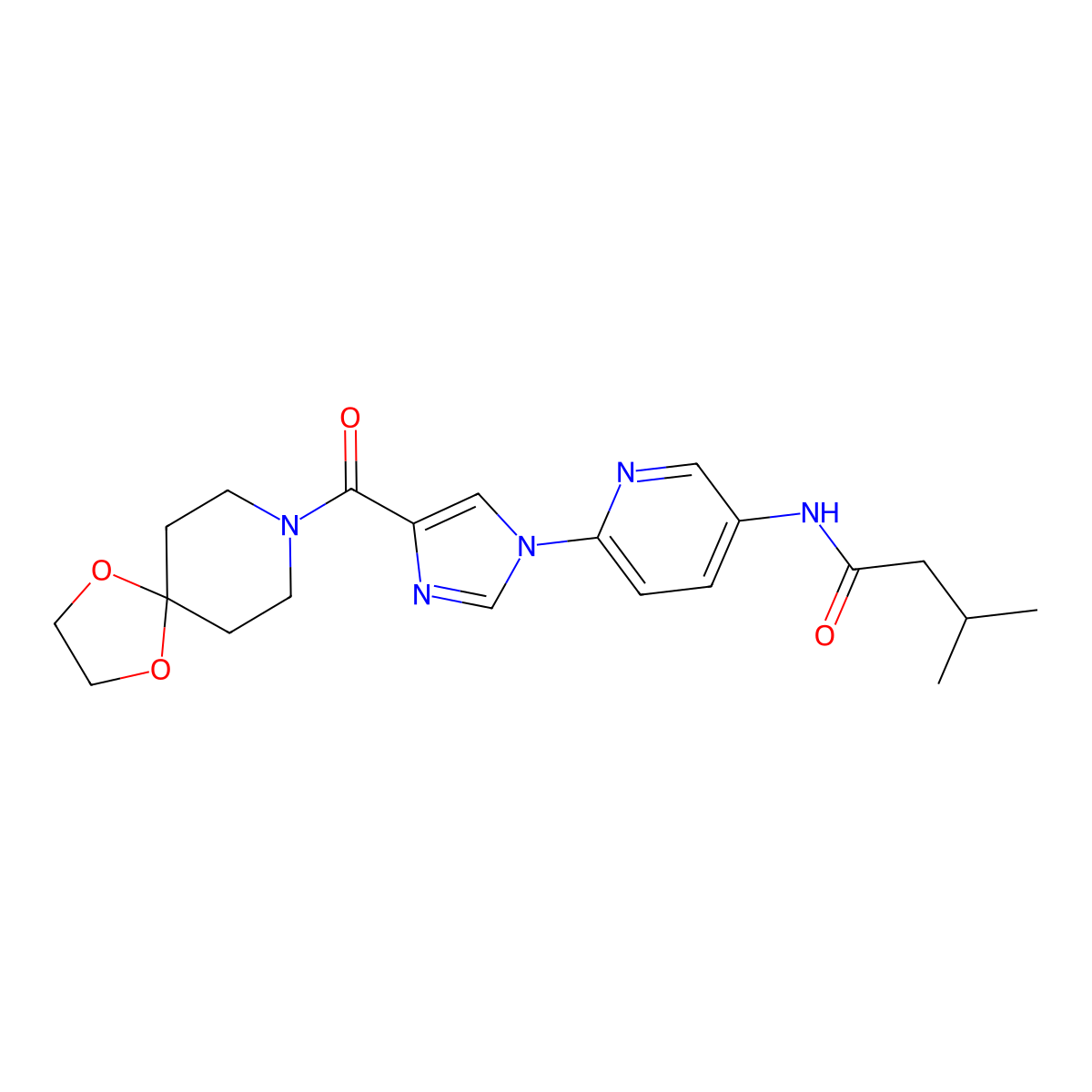N-[6-(4-{1,4-dioxa-8-azaspiro[4.5]decane-8-carbonyl}-1H-imidazol-1-yl)pyridin-3-yl]-3-methylbutanamide molecular structure, CAS 1251697-82-1