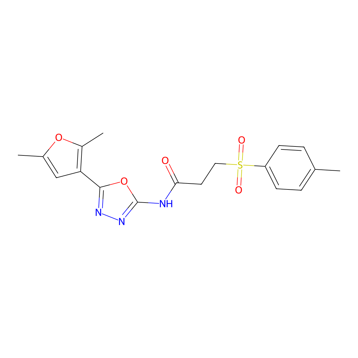 N-(5-(2,5-dimethylfuran-3-yl)-1,3,4-oxadiazol-2-yl)-3-tosylpropanamide molecular structure, CAS 1251697-86-5