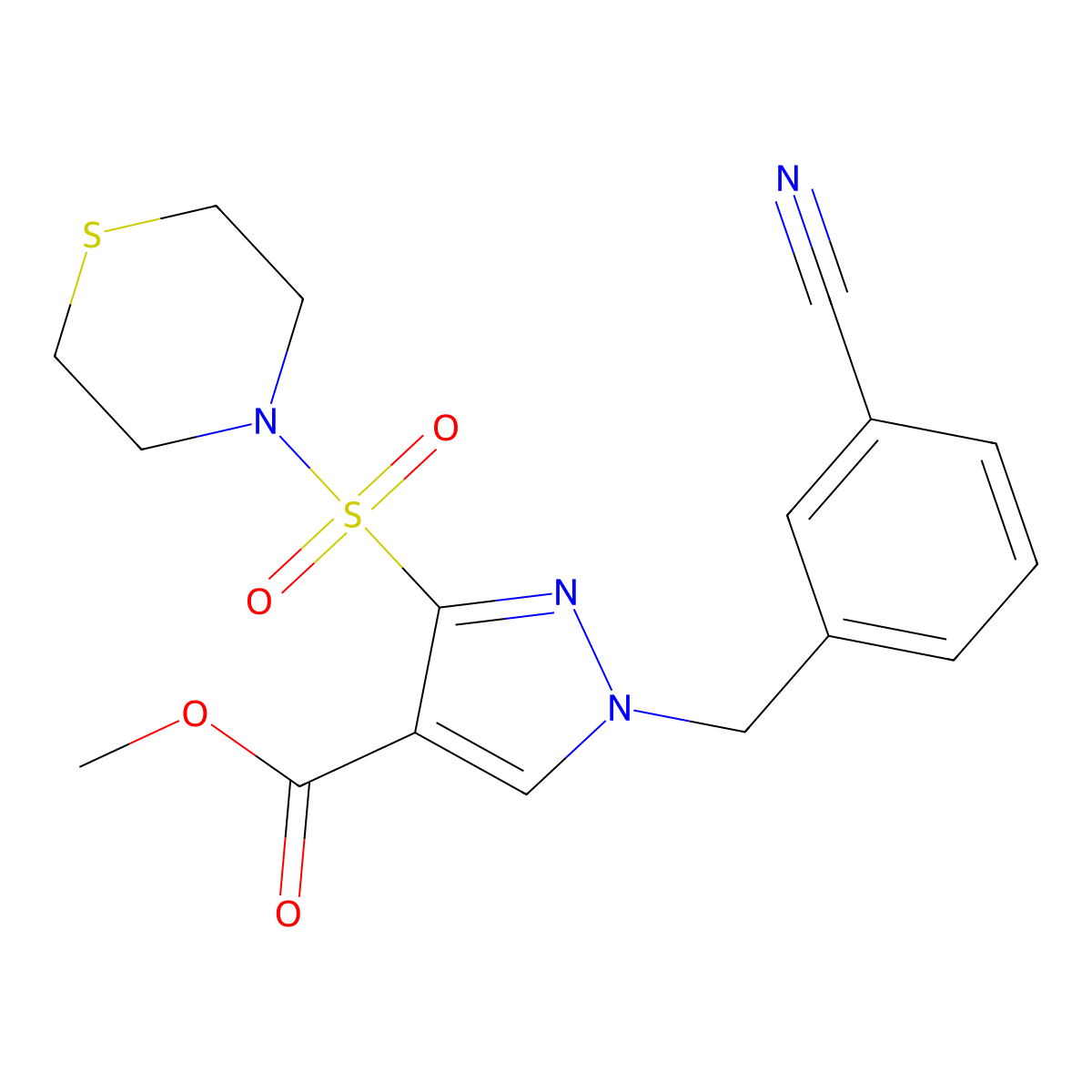 methyl 1-(3-cyanobenzyl)-3-(thiomorpholinosulfonyl)-1H-pyrazole-4-carboxylate molecular structure, CAS 1251697-87-6