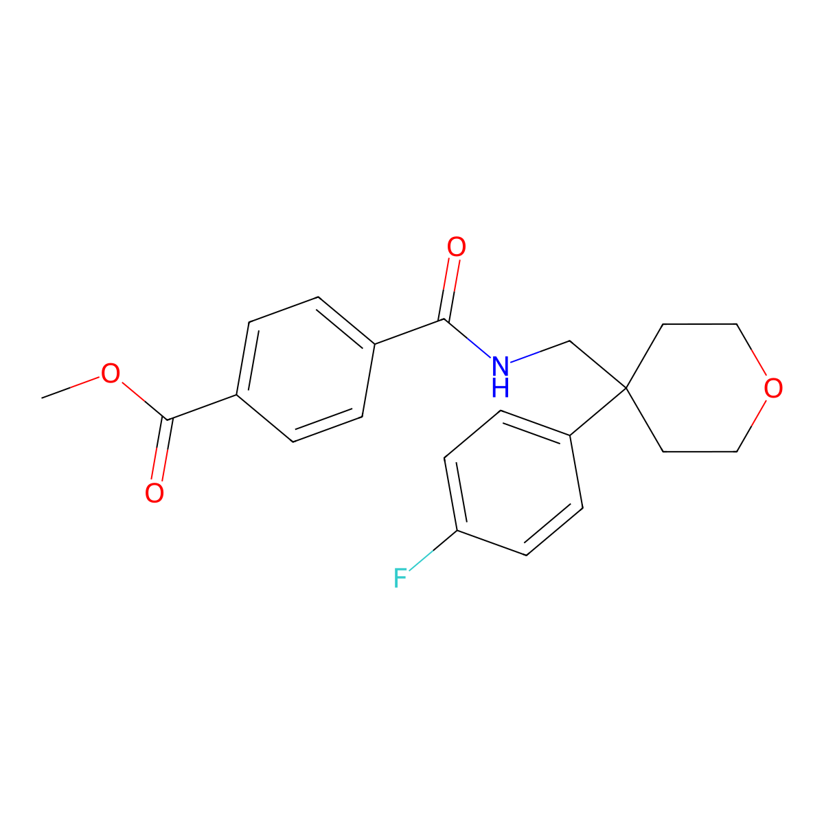 methyl 4-(((4-(4-fluorophenyl)tetrahydro-2H-pyran-4-yl)methyl)carbamoyl)benzoate molecular structure, CAS 1251698-12-0